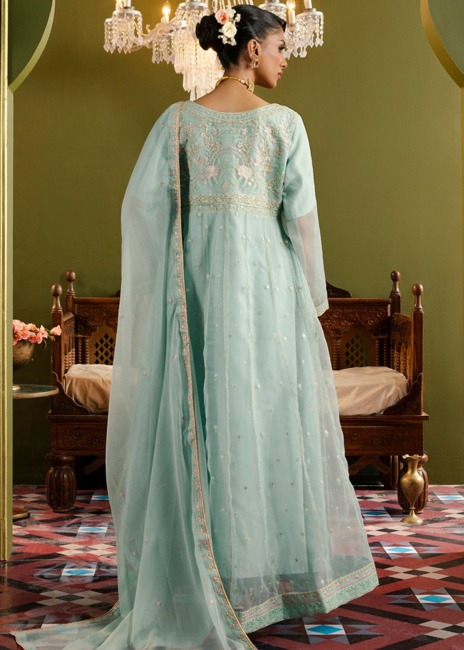 organza Pishwas in Aquamarine