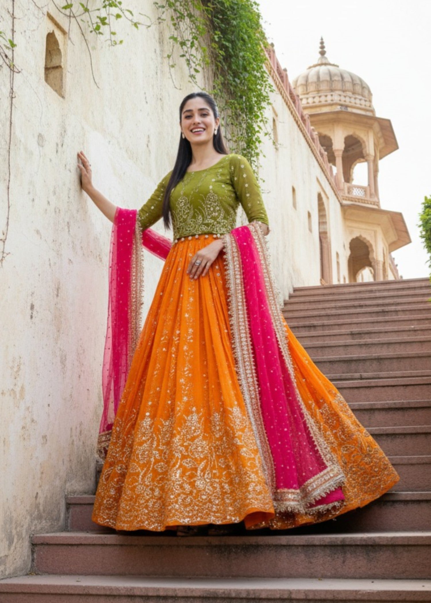 bemberg crinkle chiffon Lehenga in Hot pink, olive green, orange