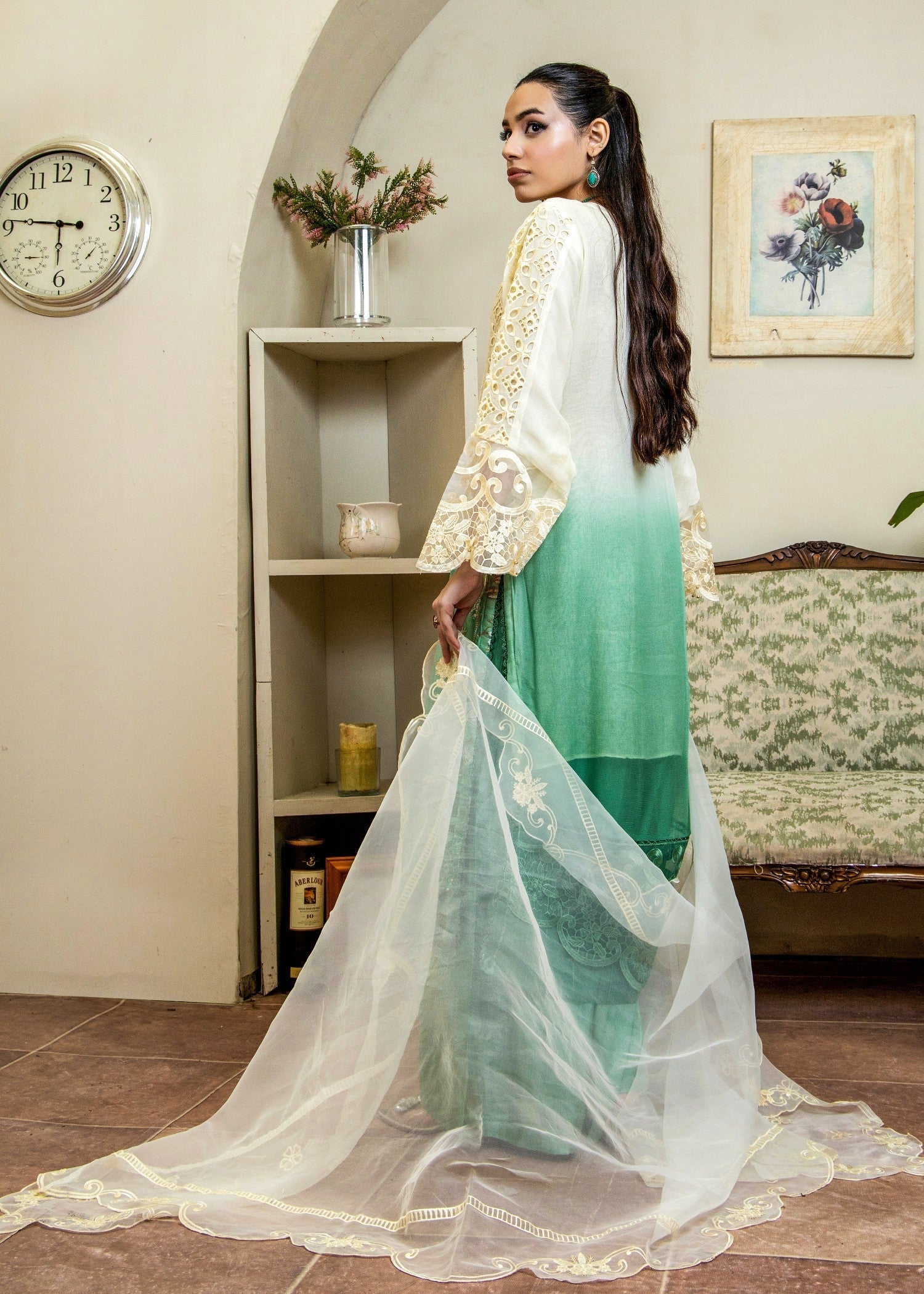 chiffon Kurta Set in Jade green, ivory