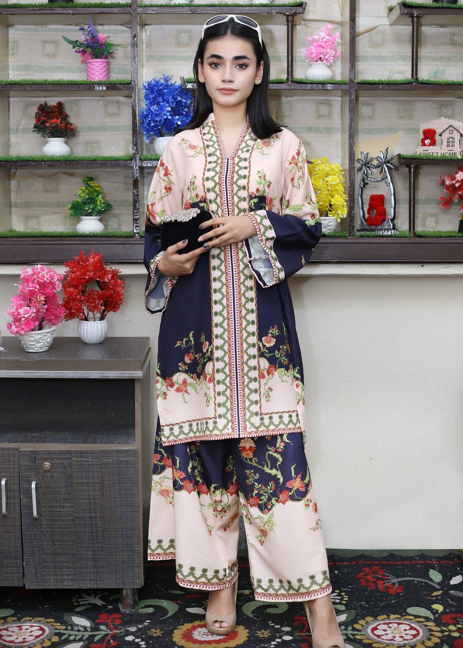 poly lawn Co Ord Sets in Dark blue, light pink