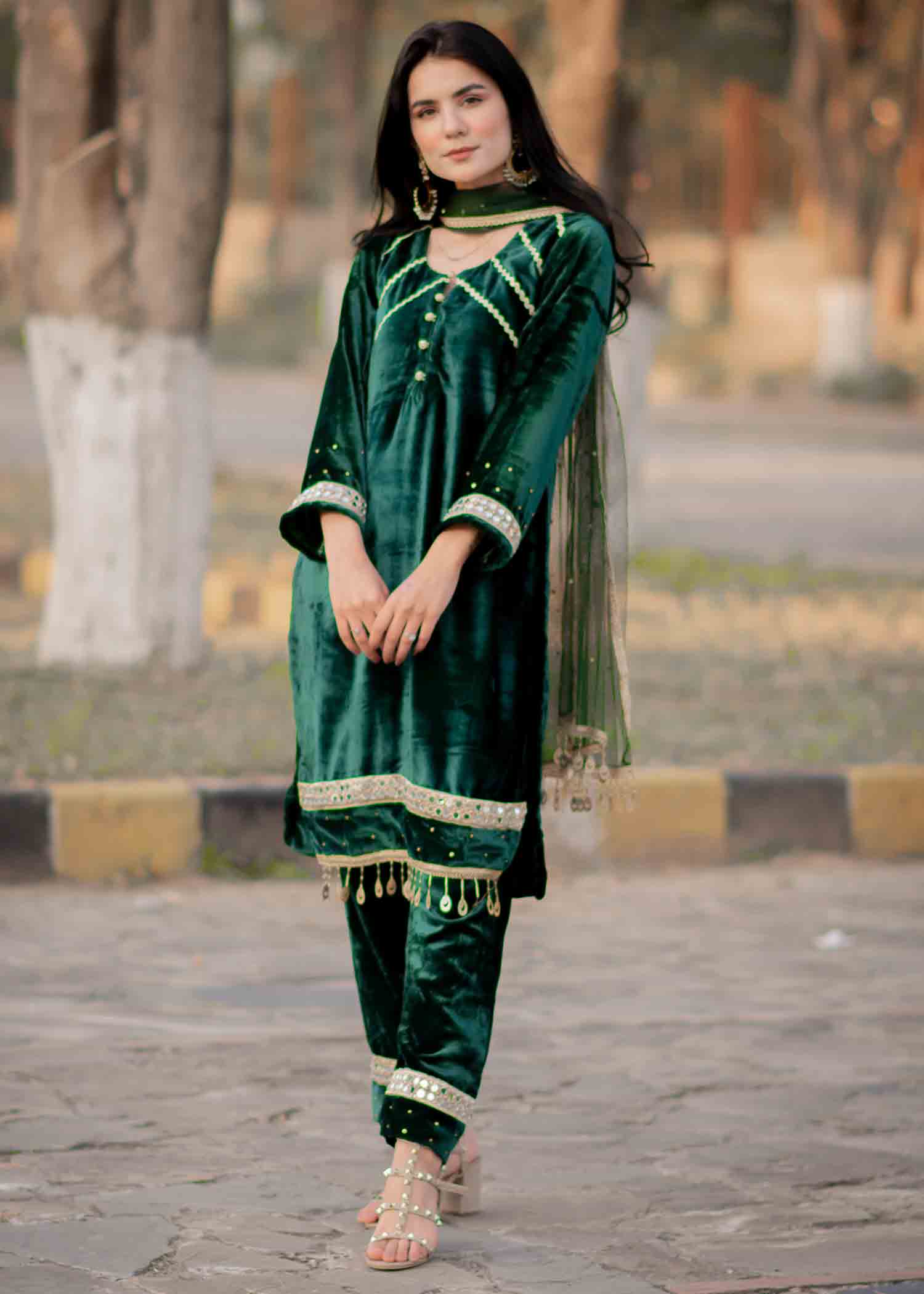 velvet Kurta Set in Emerald green