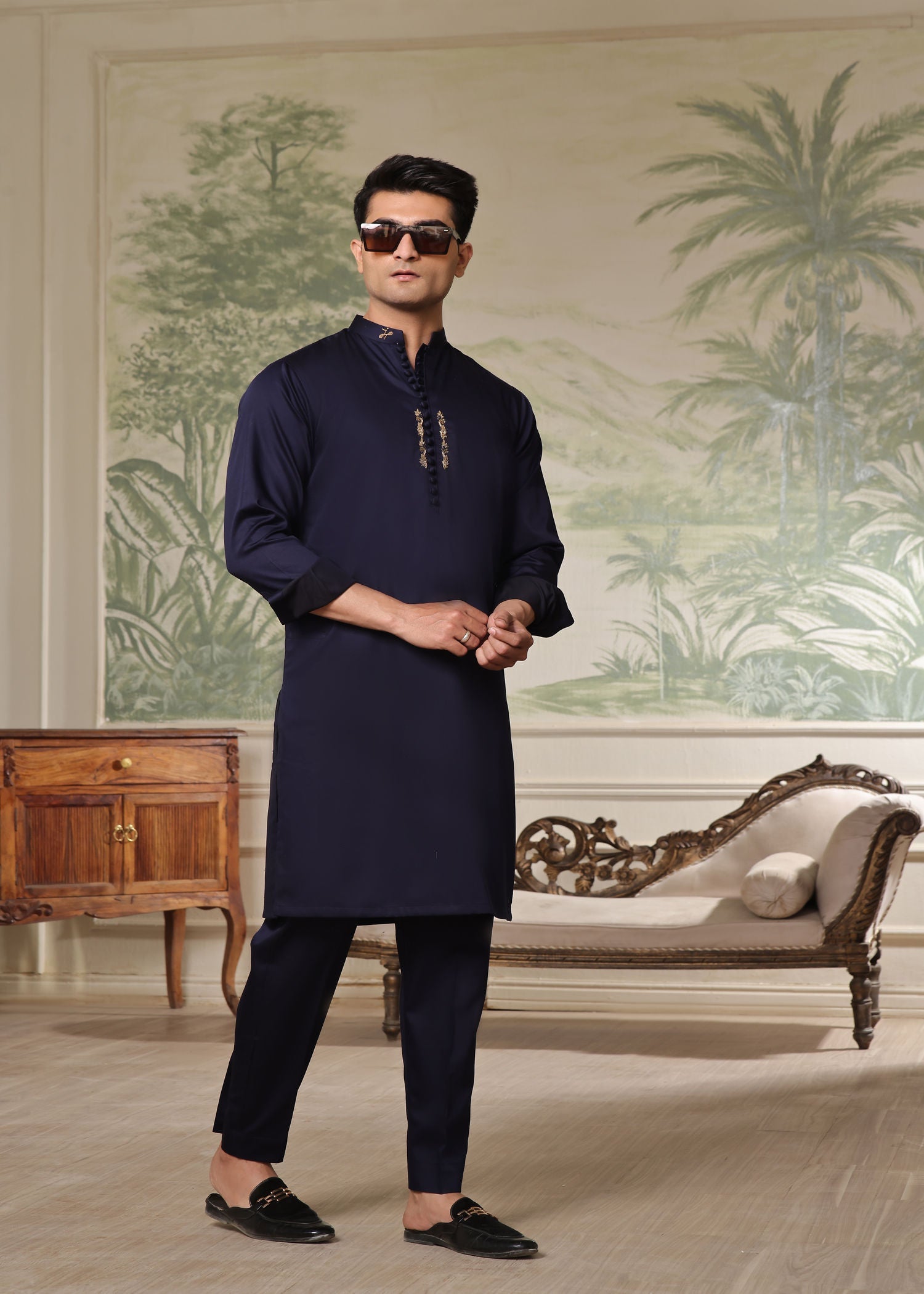 cotton satin Kurta Set in Blue