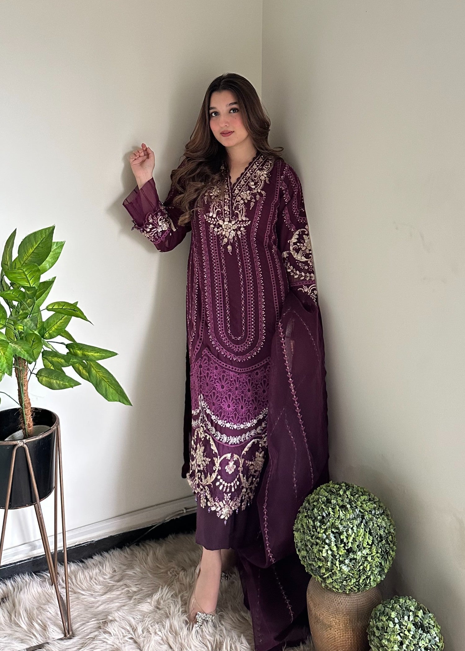 chiffon Kurta Set in Plum purple