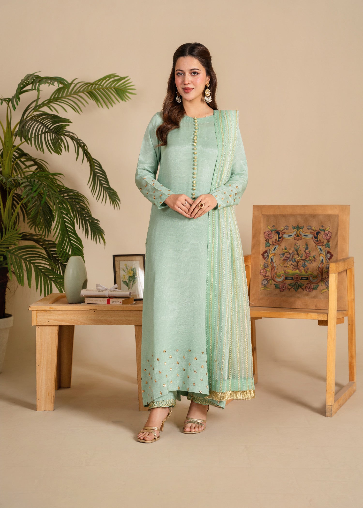 viscose raw silk Kurta Set in Moss green