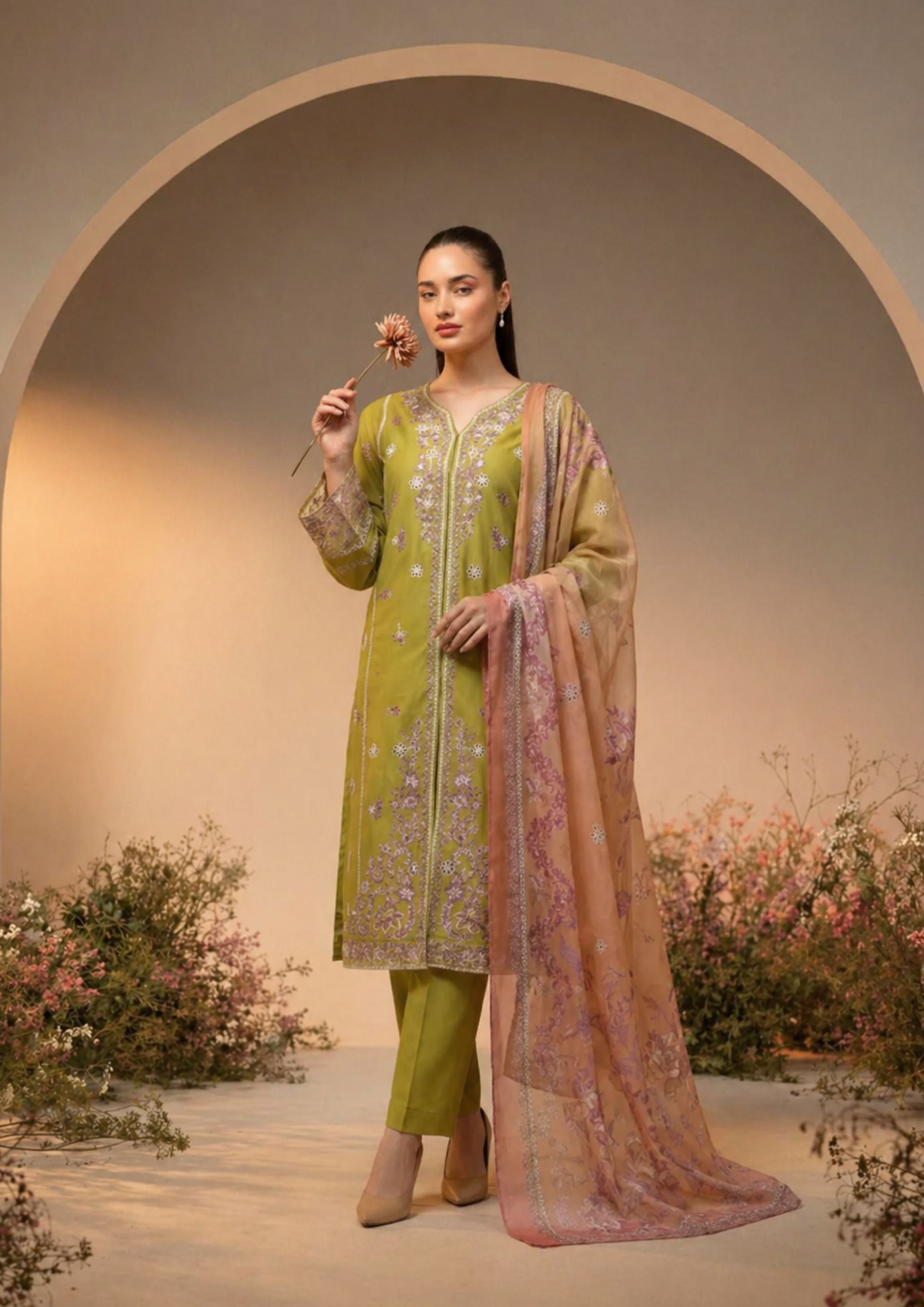 lawn cotton Kurta Set in Olive green