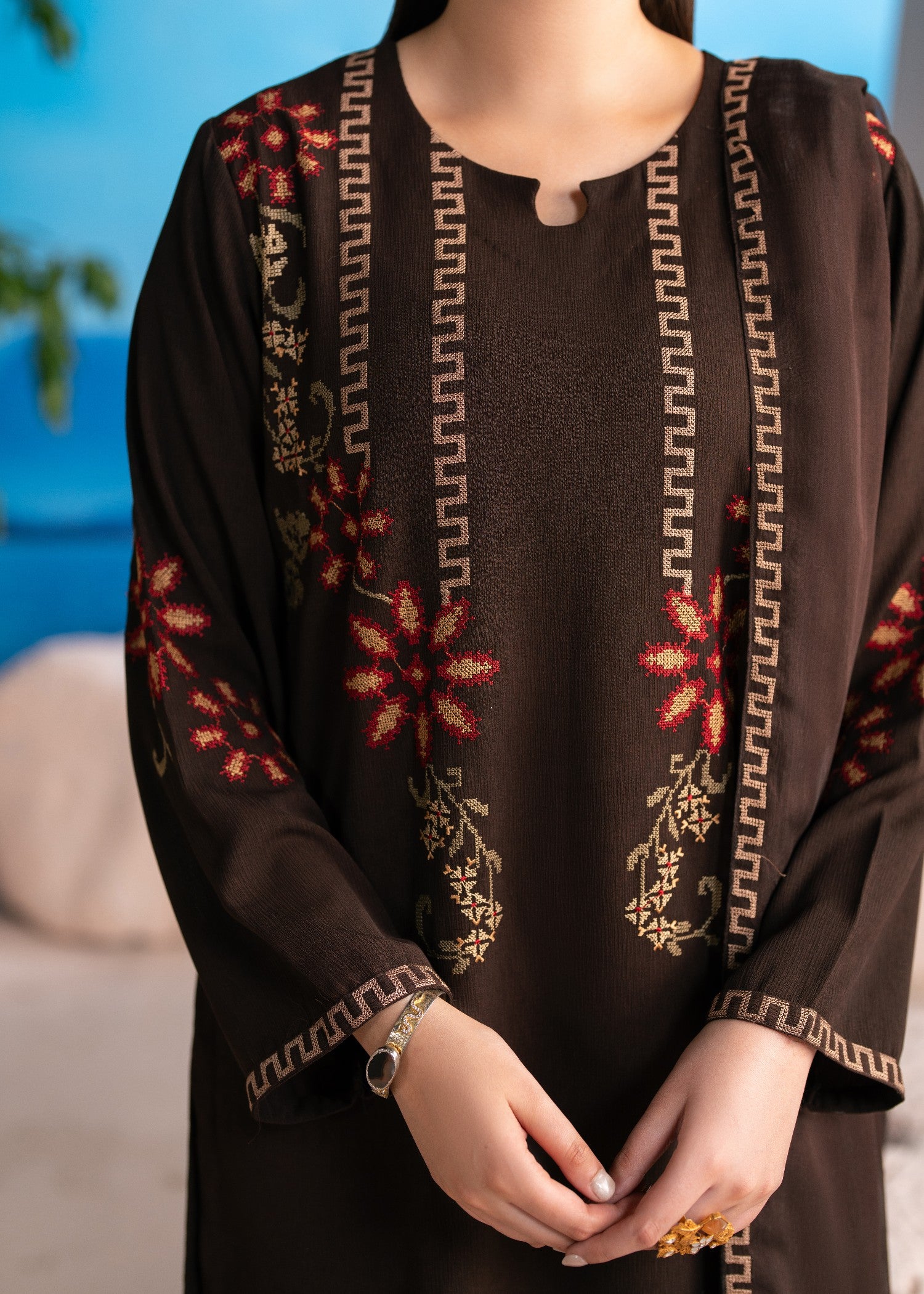 crepe Kurta Set in Coffee brown