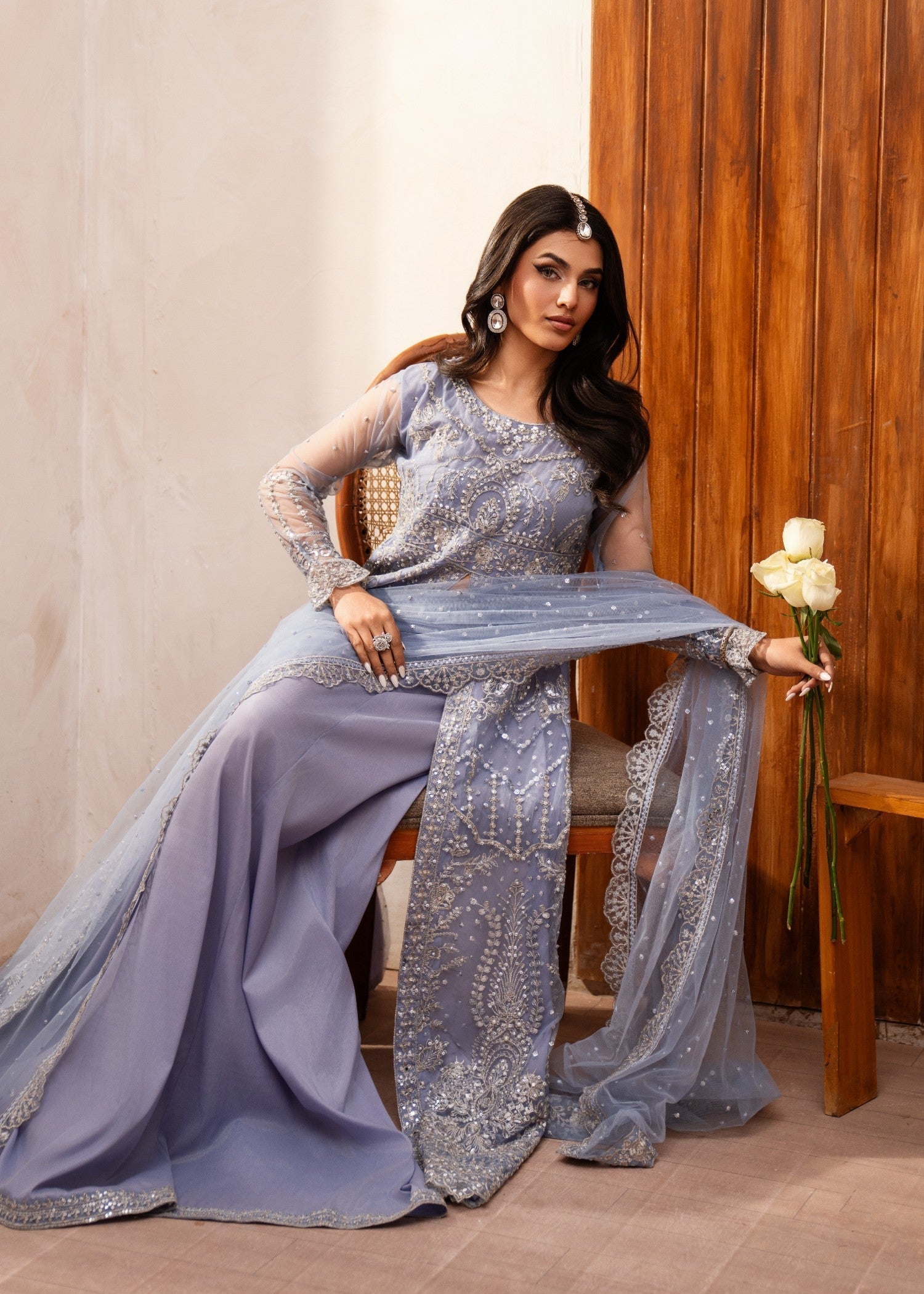 net Lehenga in Steal grey