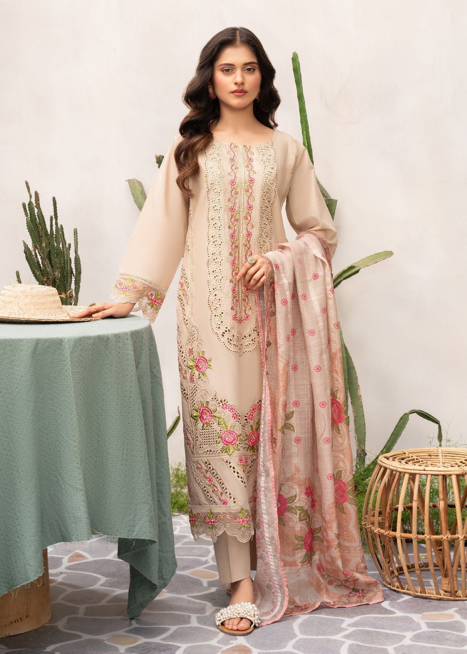 lawn Kurta Set in Beige