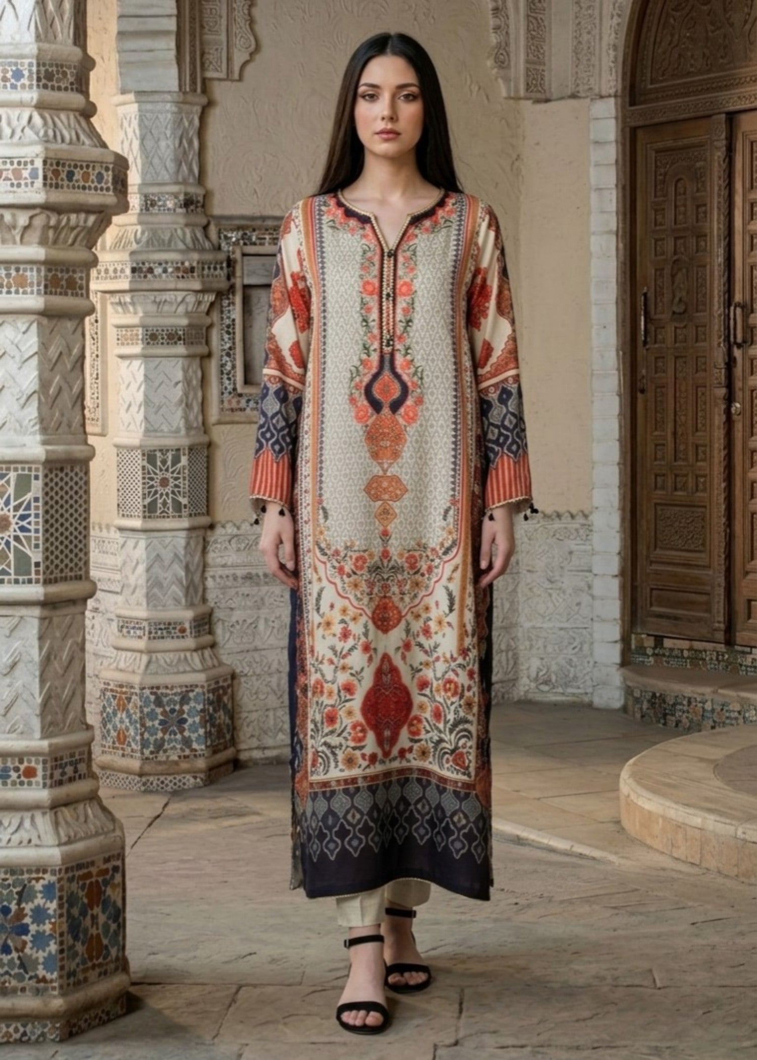 raw silk Kaftan in Wheat