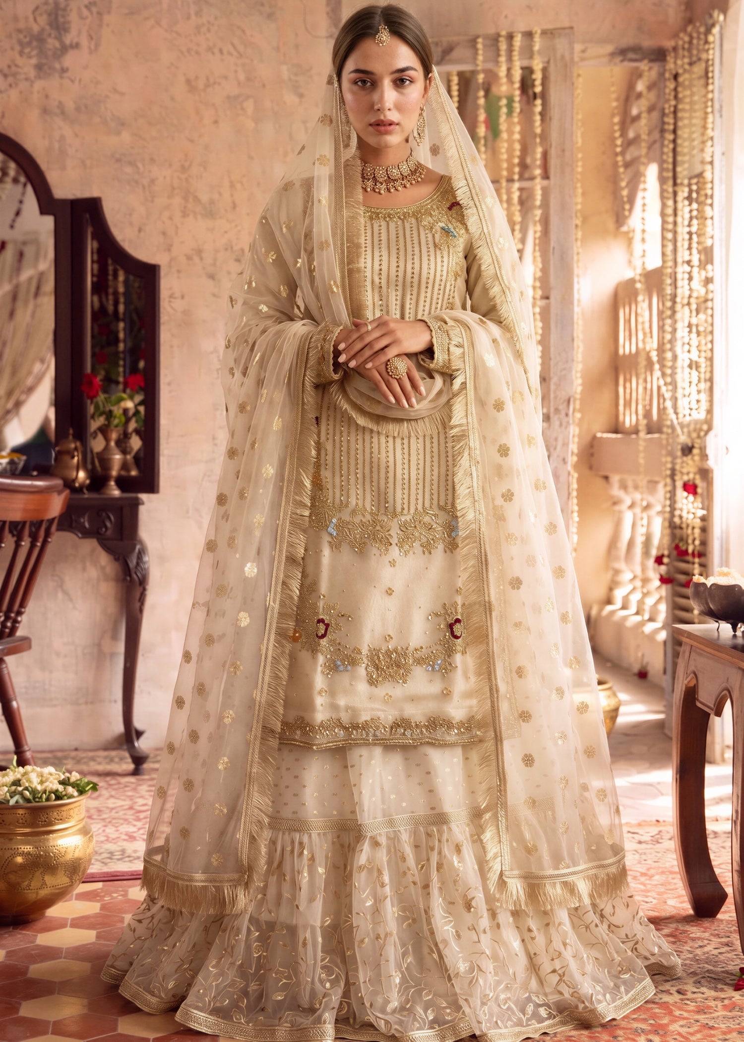 organza Lehenga in Off-white