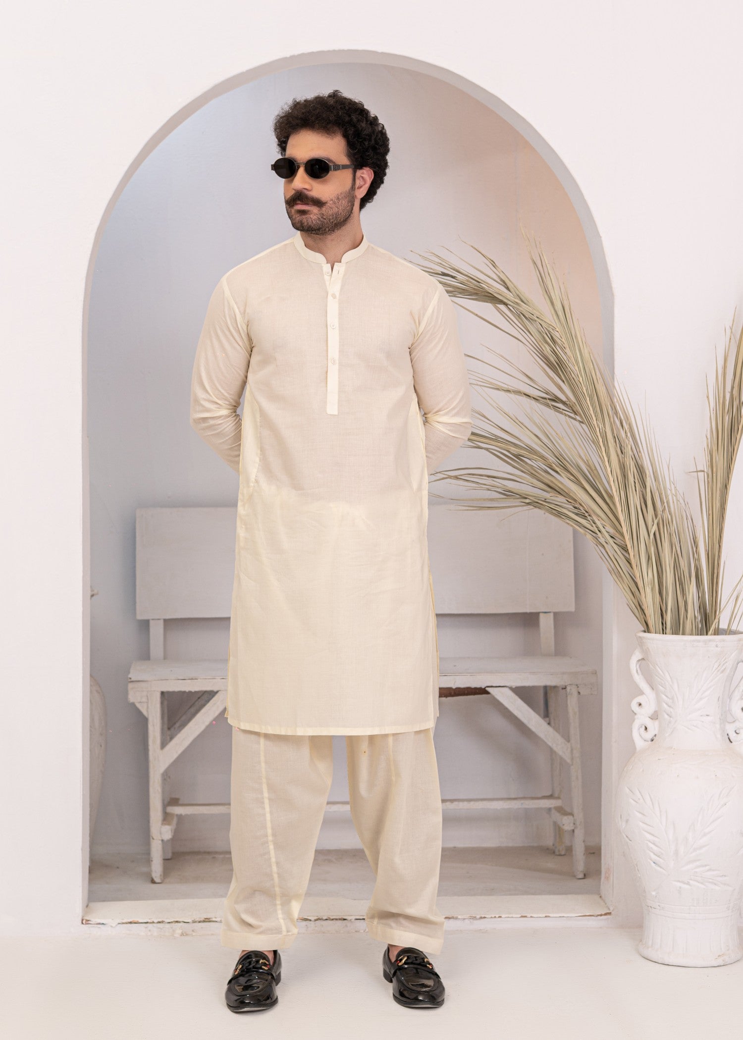 cotton Shalwar Kameez in Cream by Hassan Jee Men