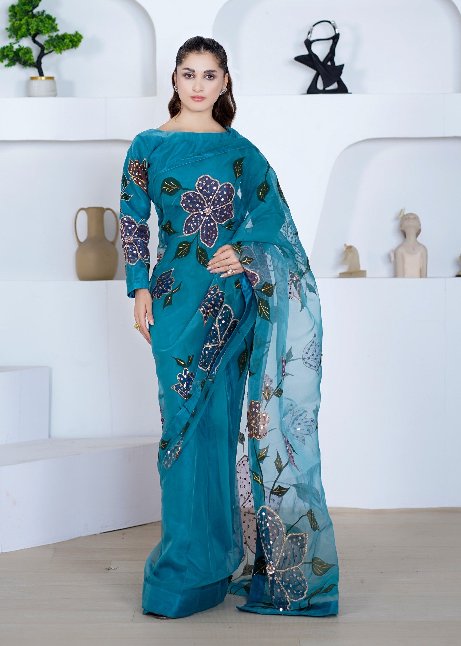 poly organza Saree in Teal