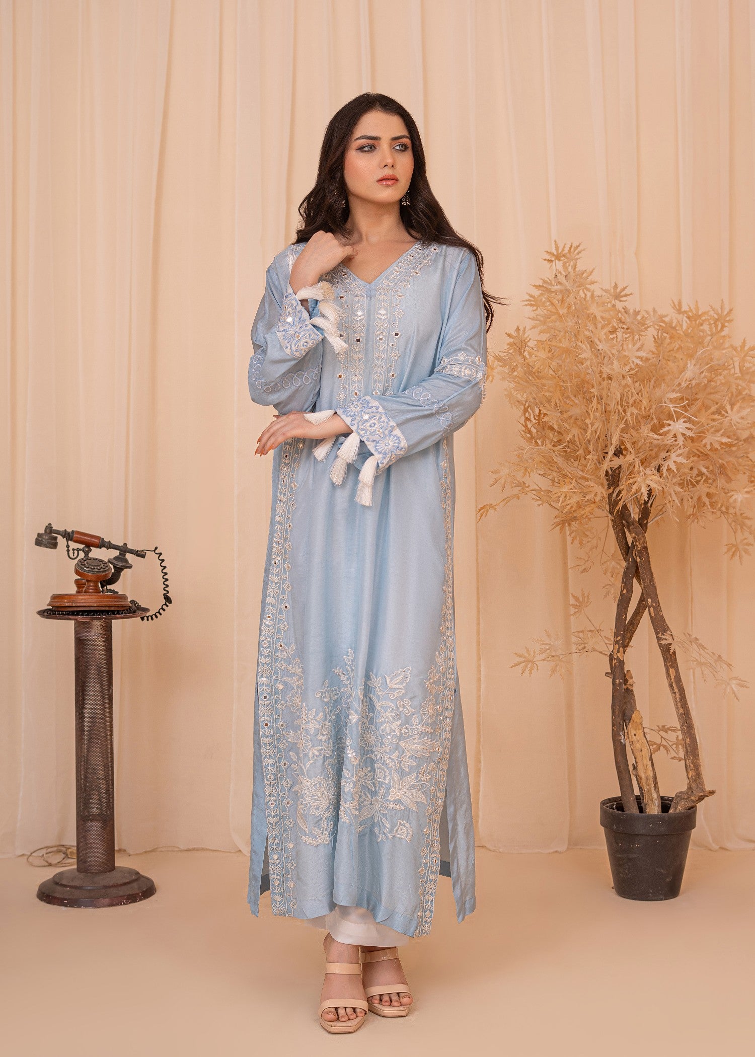 silk Kaftan in White, powder blue