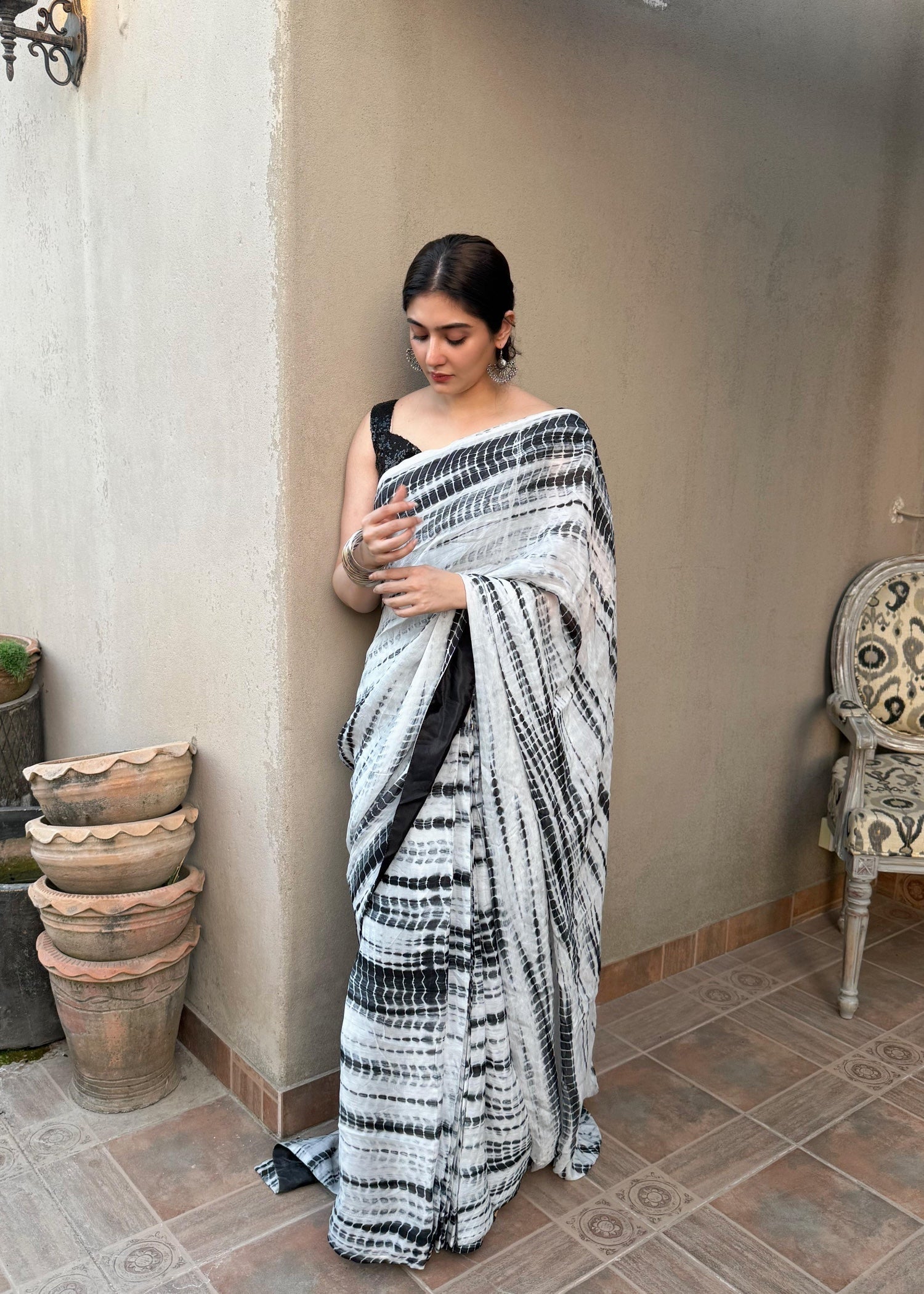 net Saree in White, black