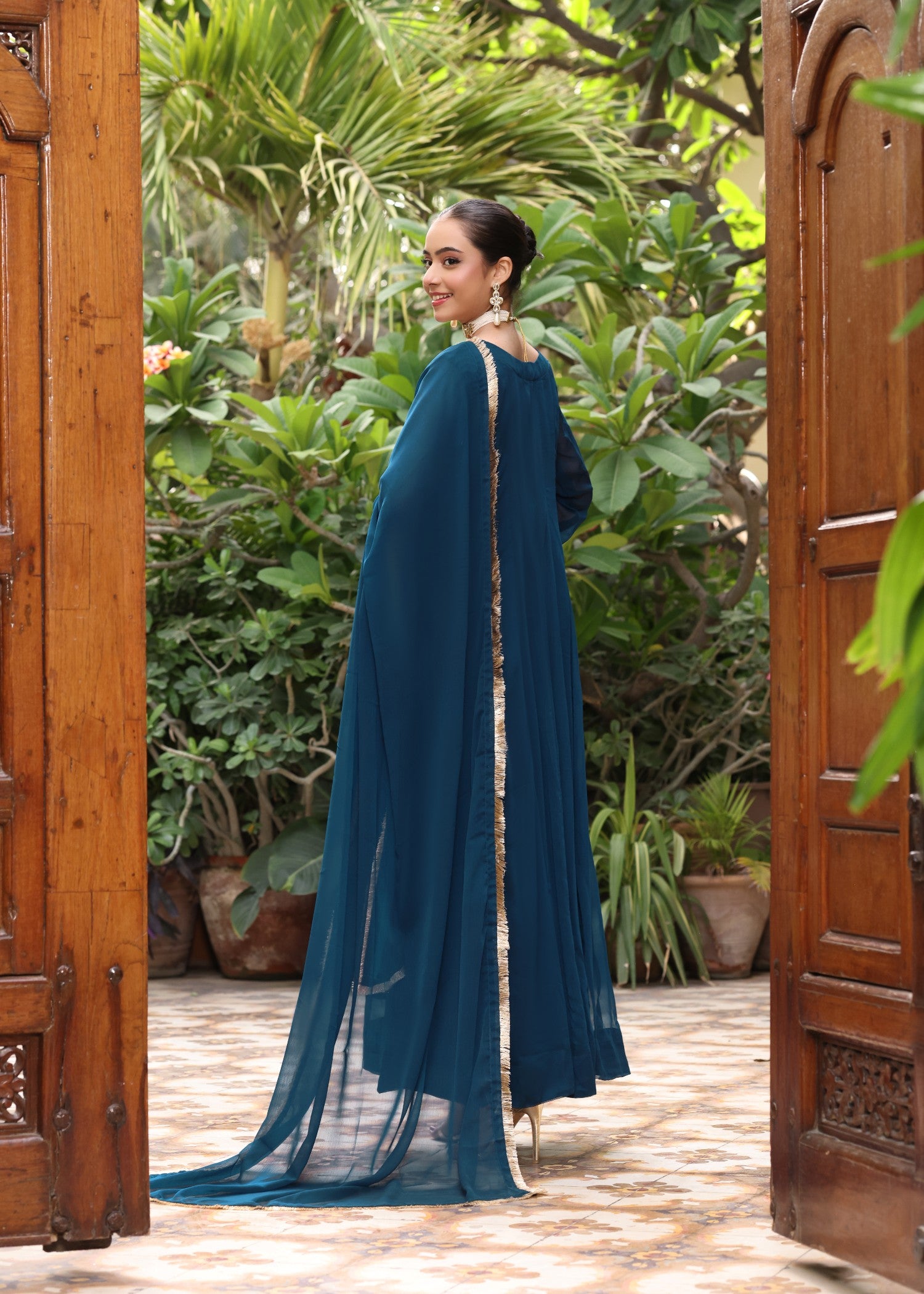chiffon Pishwas in Teal
