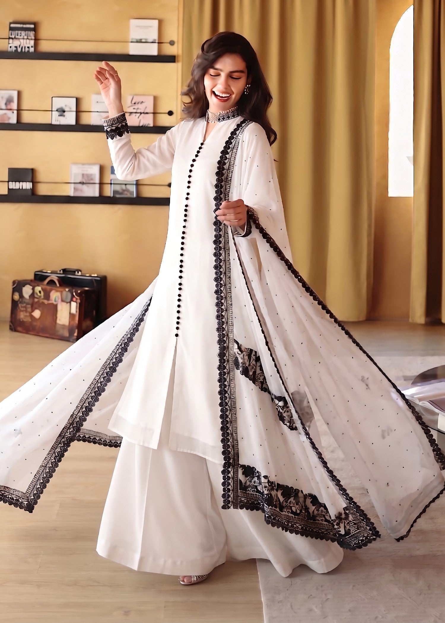 bemberg crinkle chiffon Sharara in Off-white