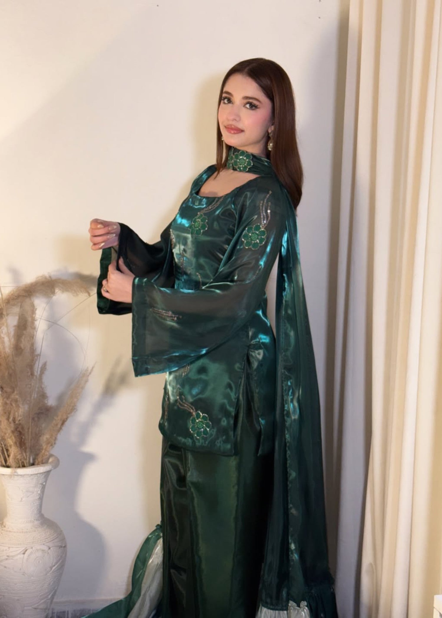 silk Kurta Set in Emerald green