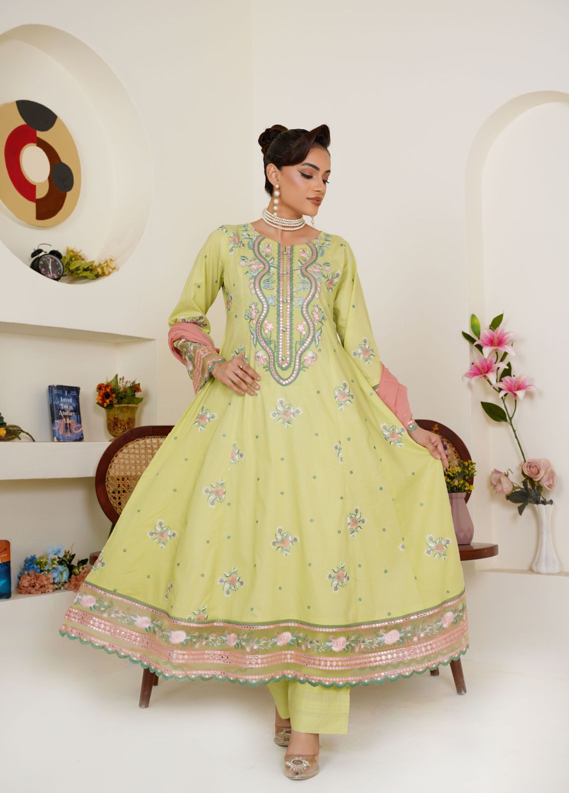 lawn Pishwas in Lime green
