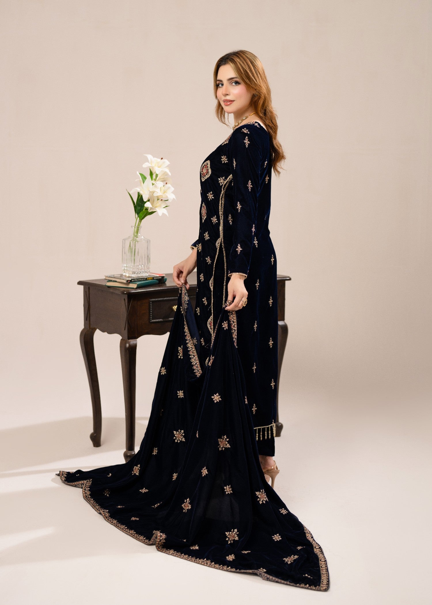 chinese micro velvet 9000 Unstitched in Navy blue