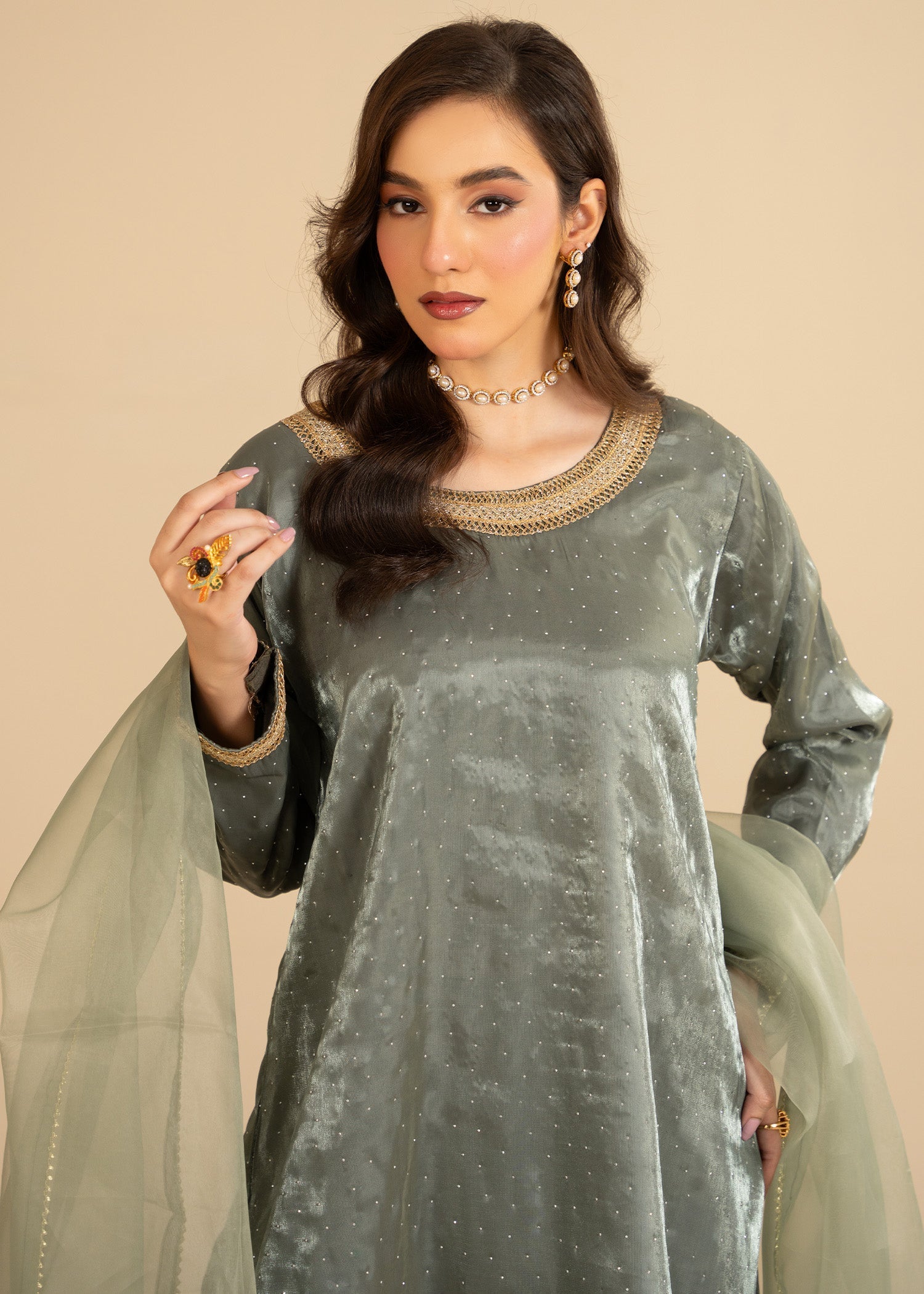 zari organza Short Frock in Moss green