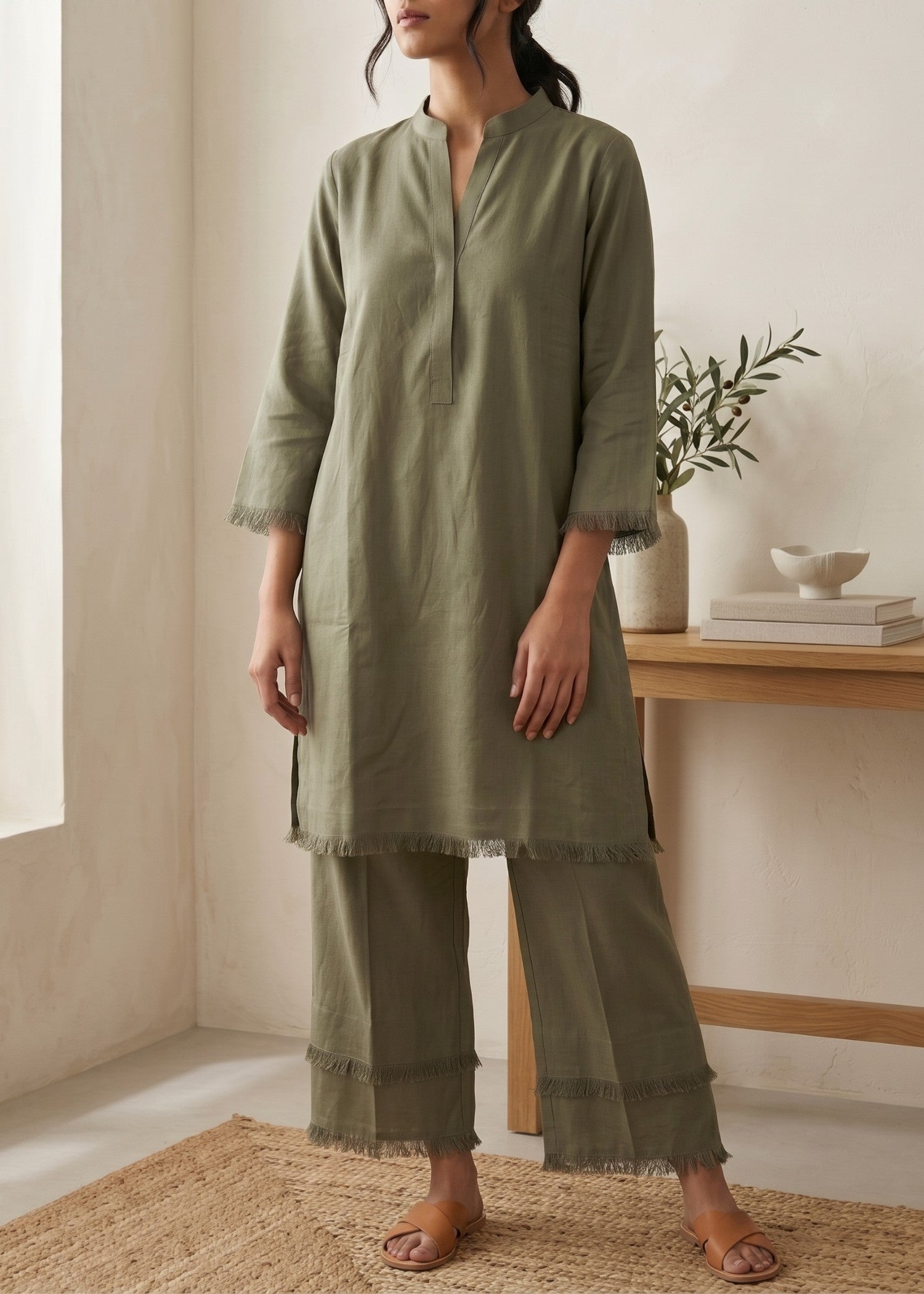 blended linen Co Ord Sets in Sage green
