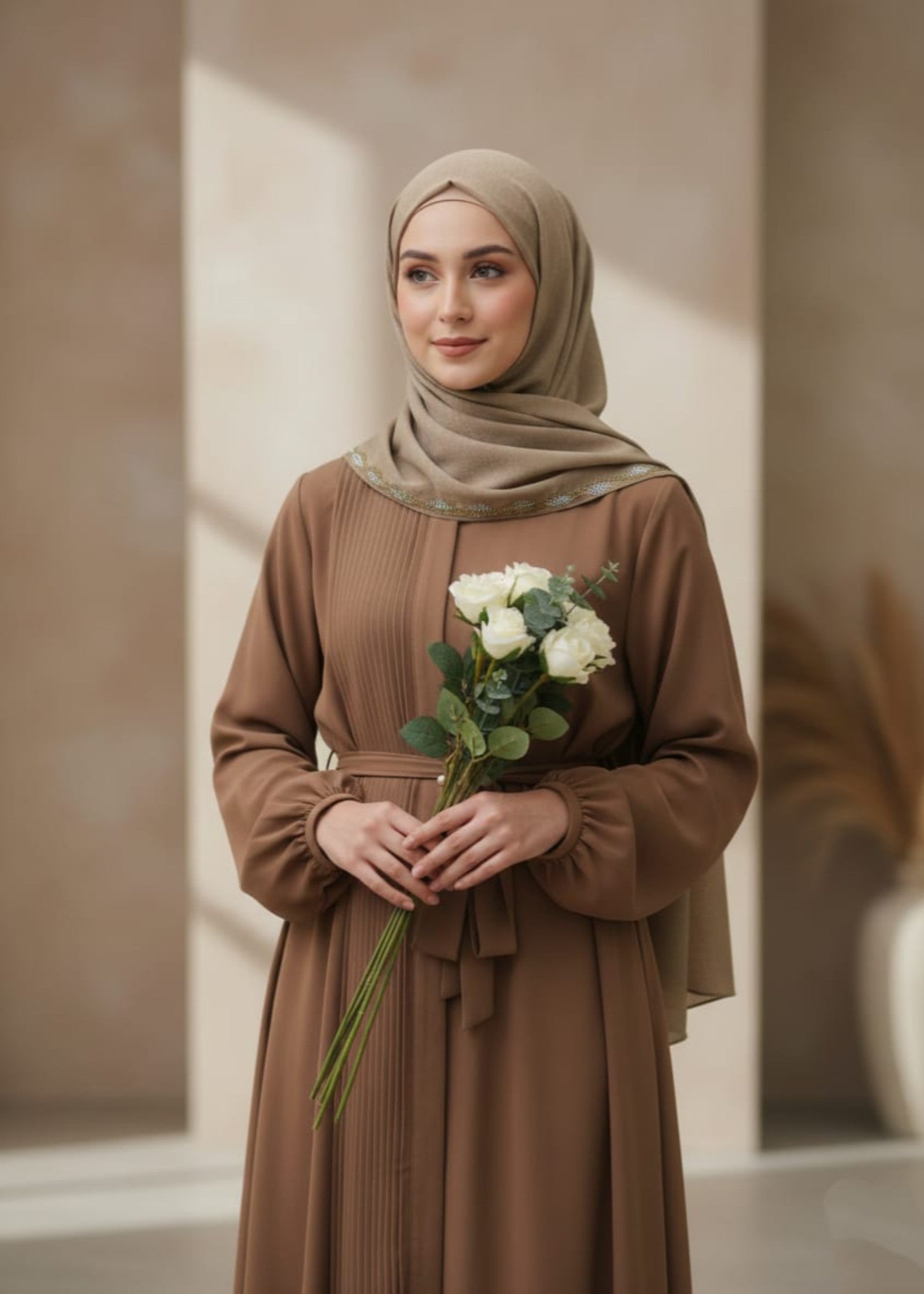 crushed velvet Hijab in Tan brown