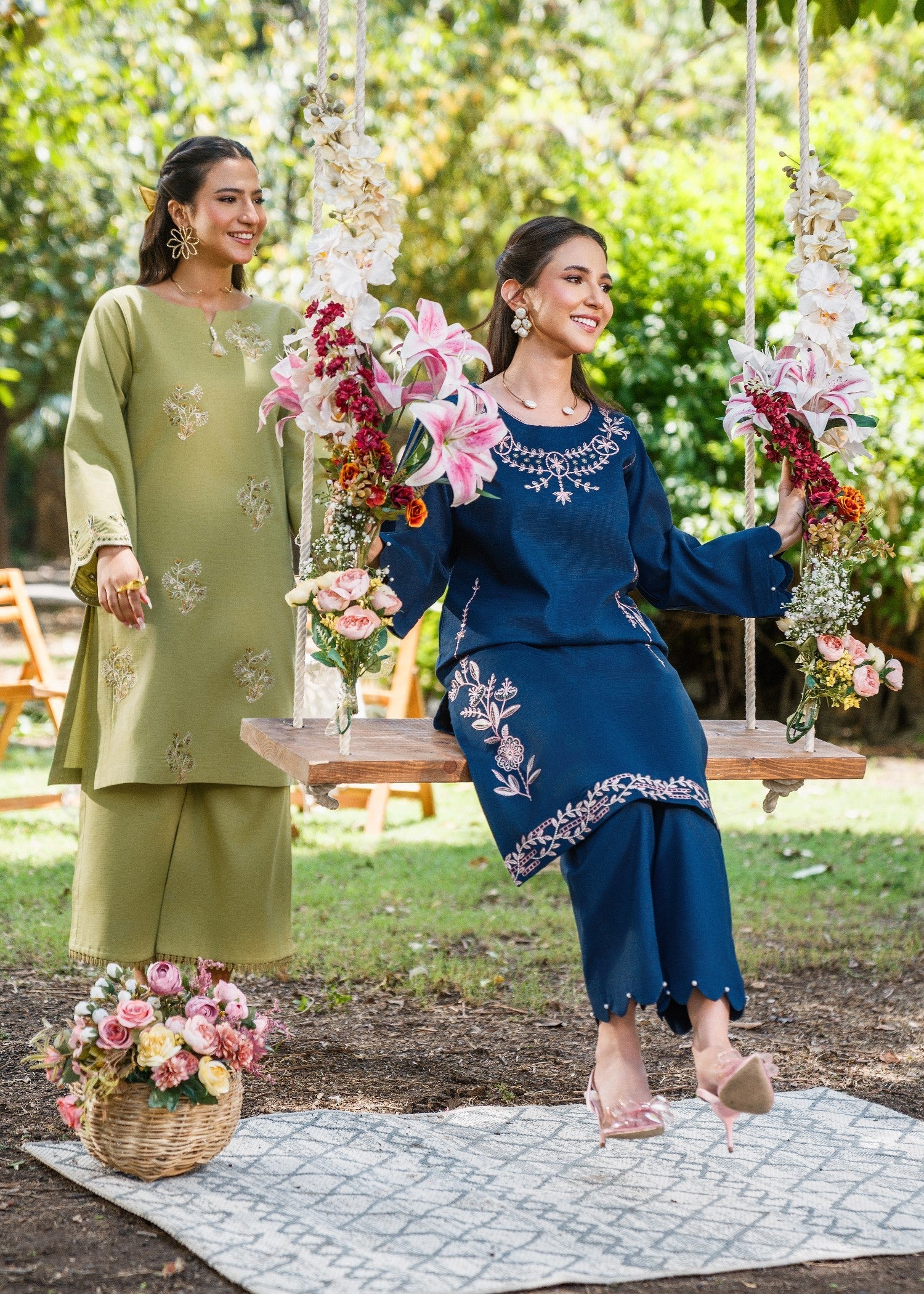 textured lawn Kurta Set in Navy blue