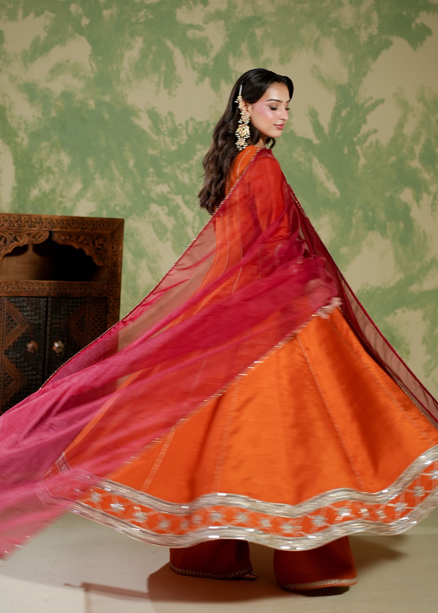 raw silk Pishwas in Rust orange, rust red