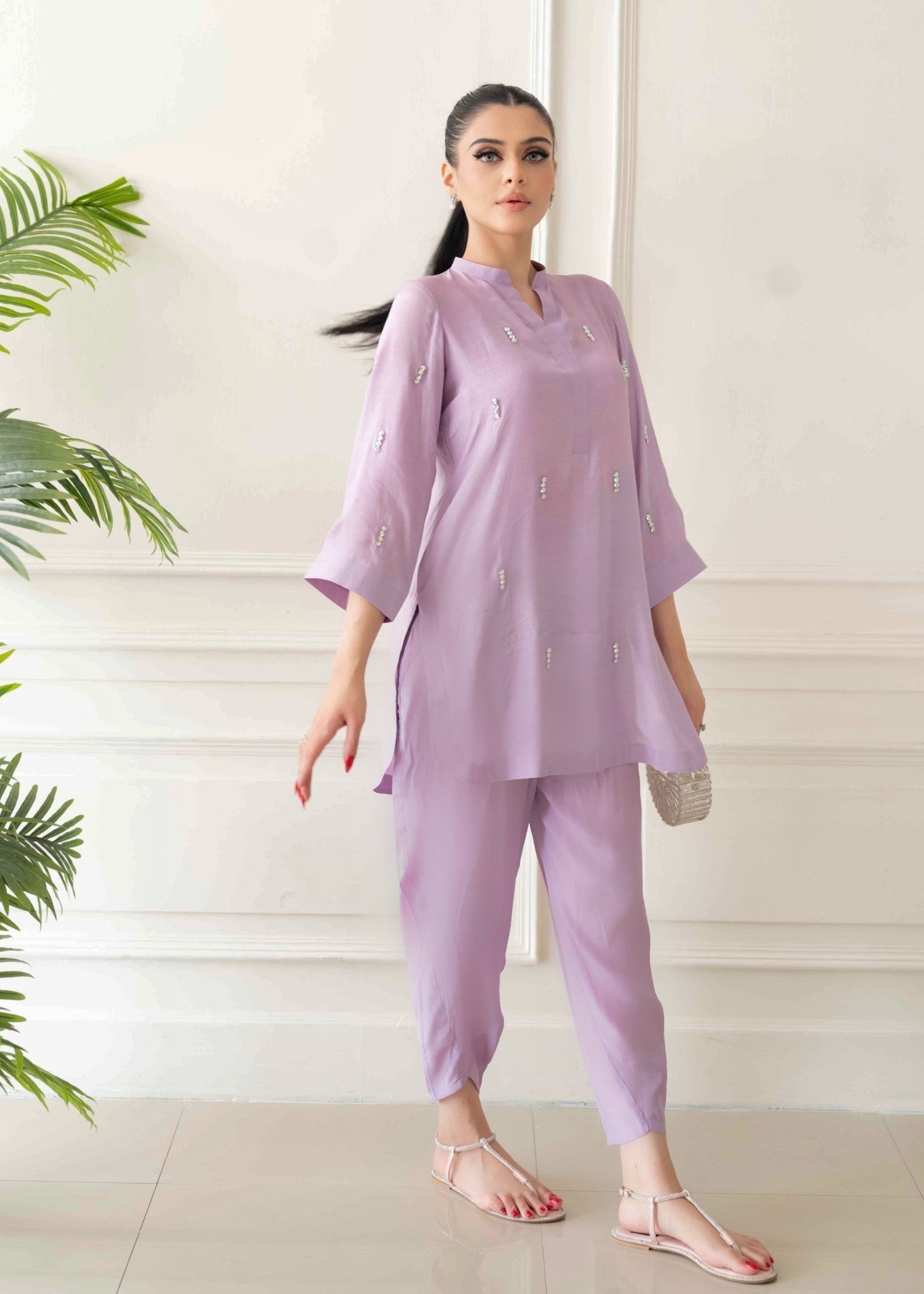 blended kattan silk Kurta Set in Lilac