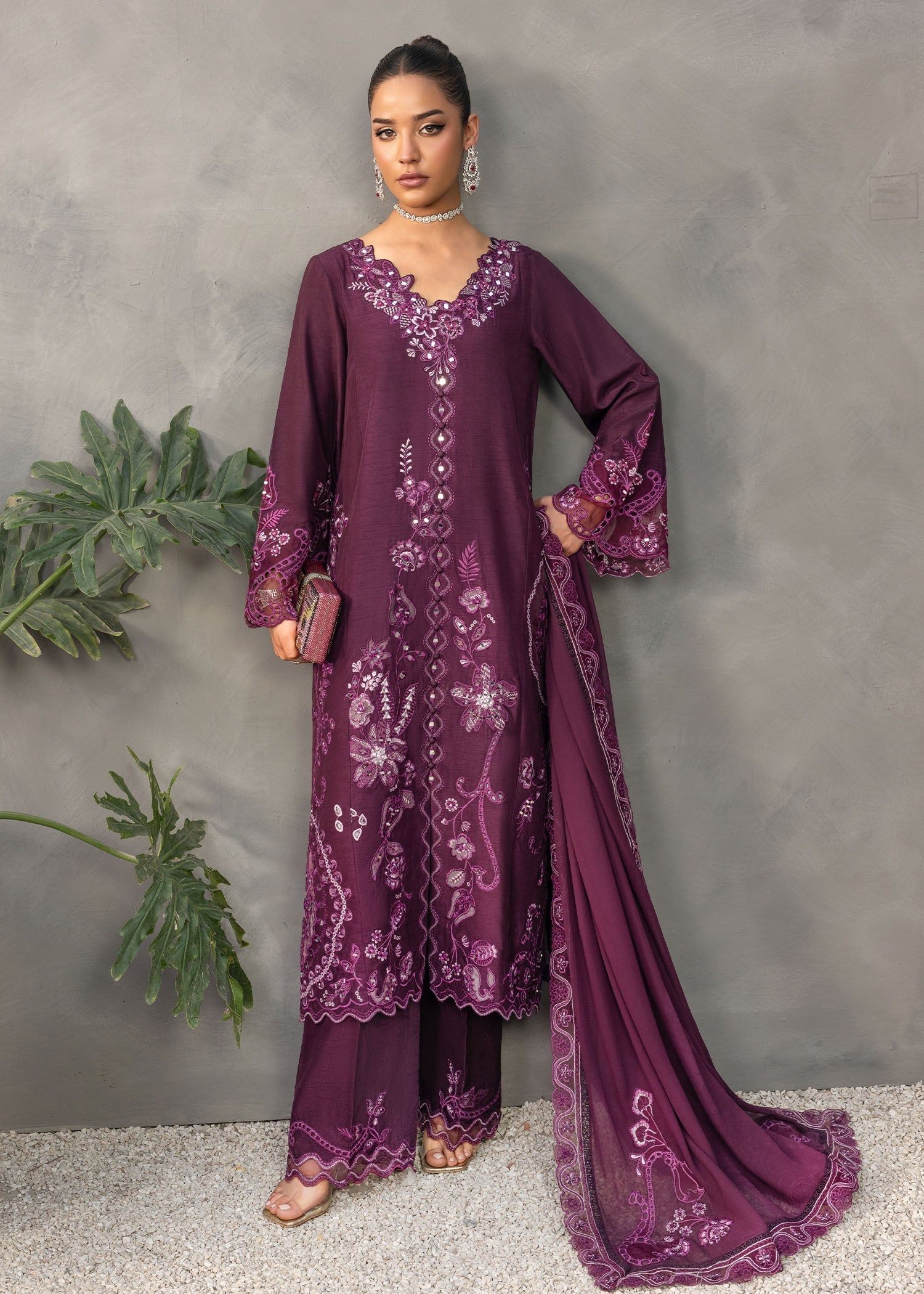 korean raw silk Kurta Set in Plum purple