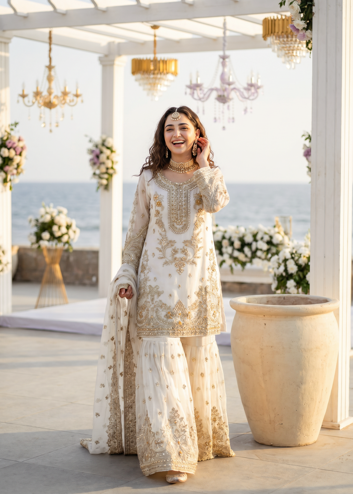 organza Gharara in Pearl white