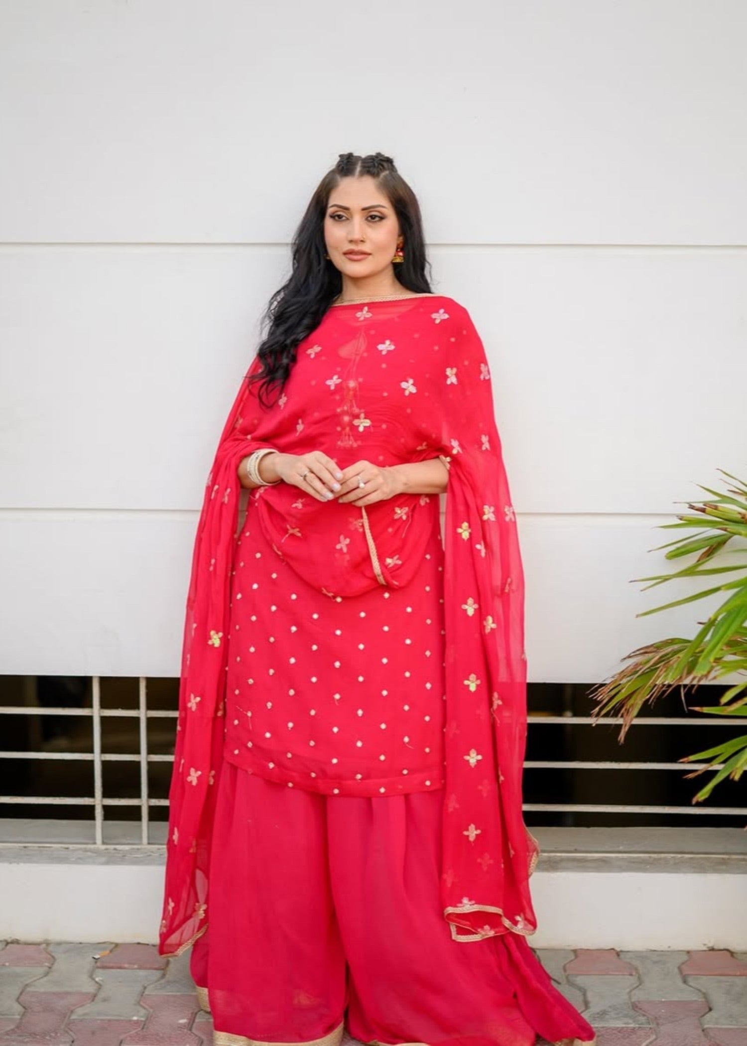 bemberg crinkle chiffon Sharara in Shocking pink