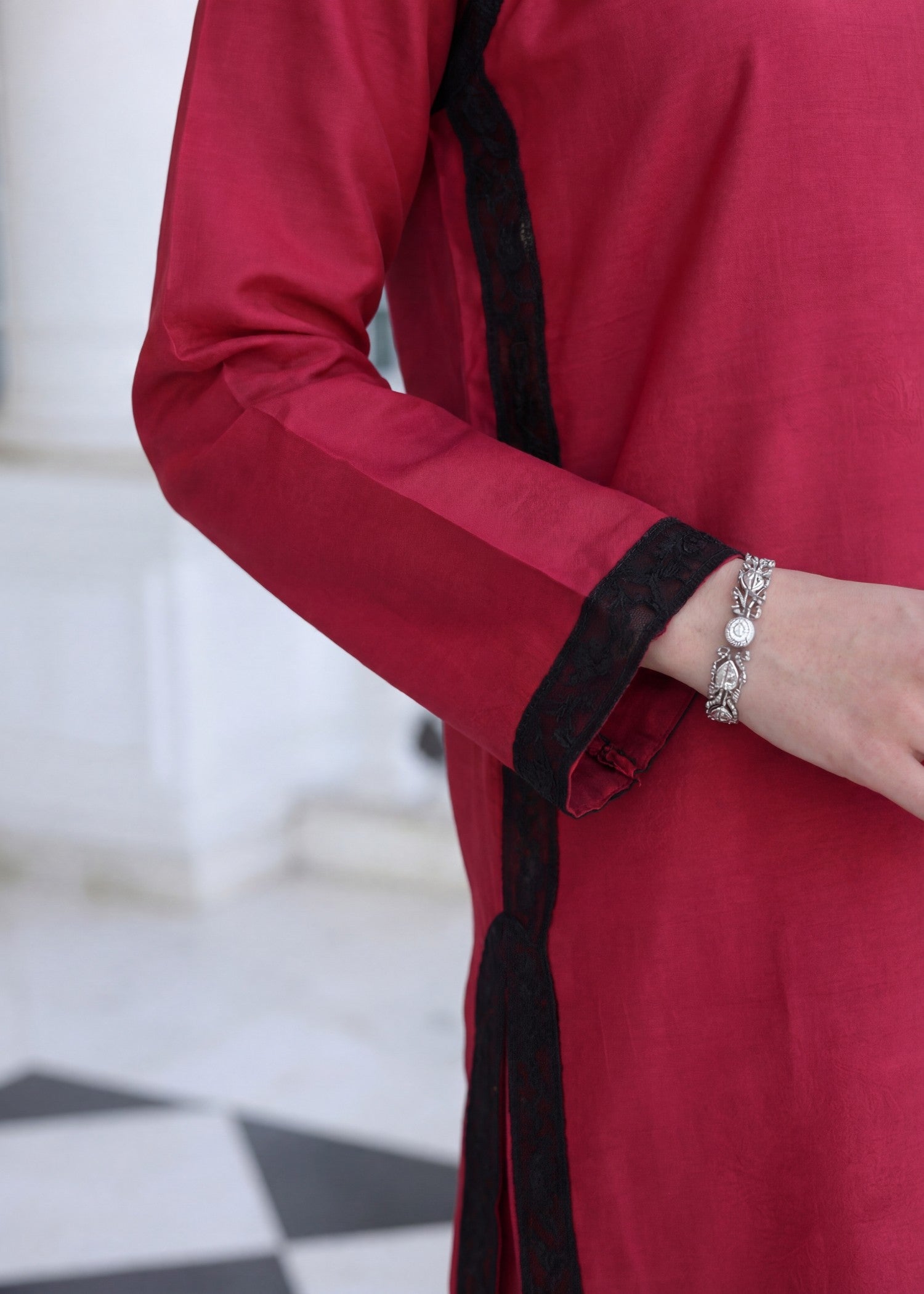 textured lawn Kurta Set in Cardinal red