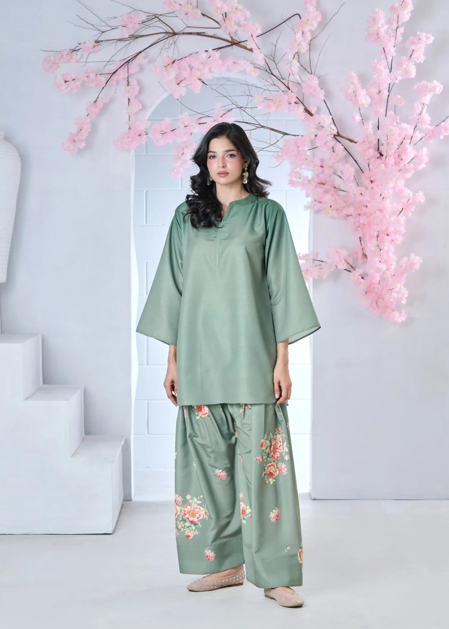 raw silk Kurta Set in Steel teal