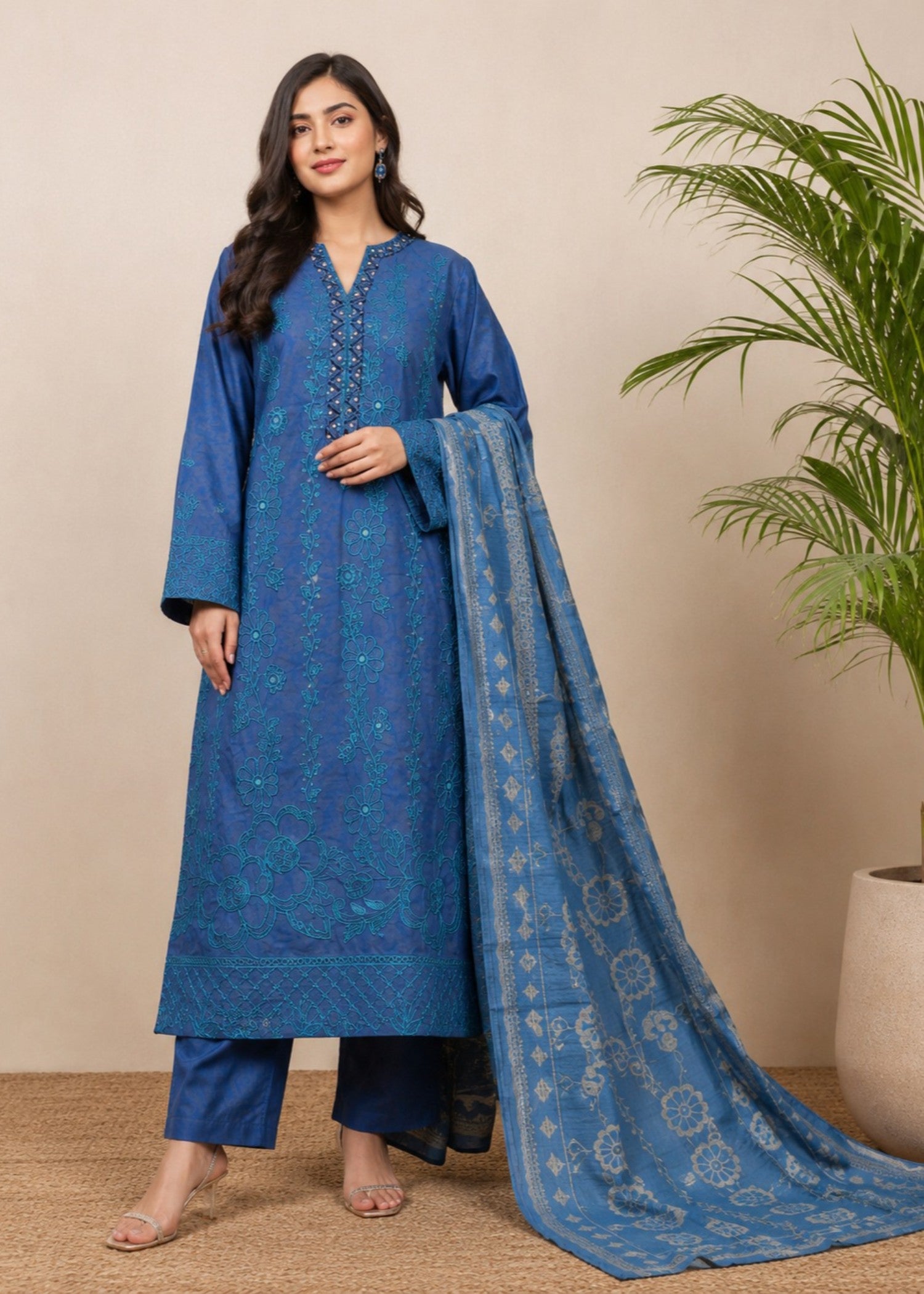 lawn cotton Kurta Set in Carolina blue