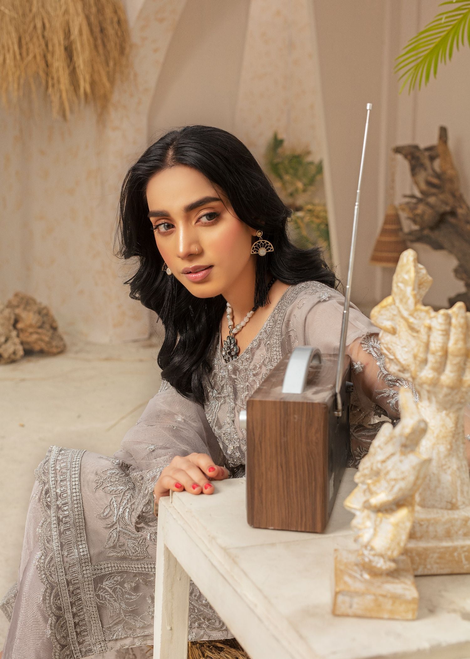 net Kurta Set in Silver