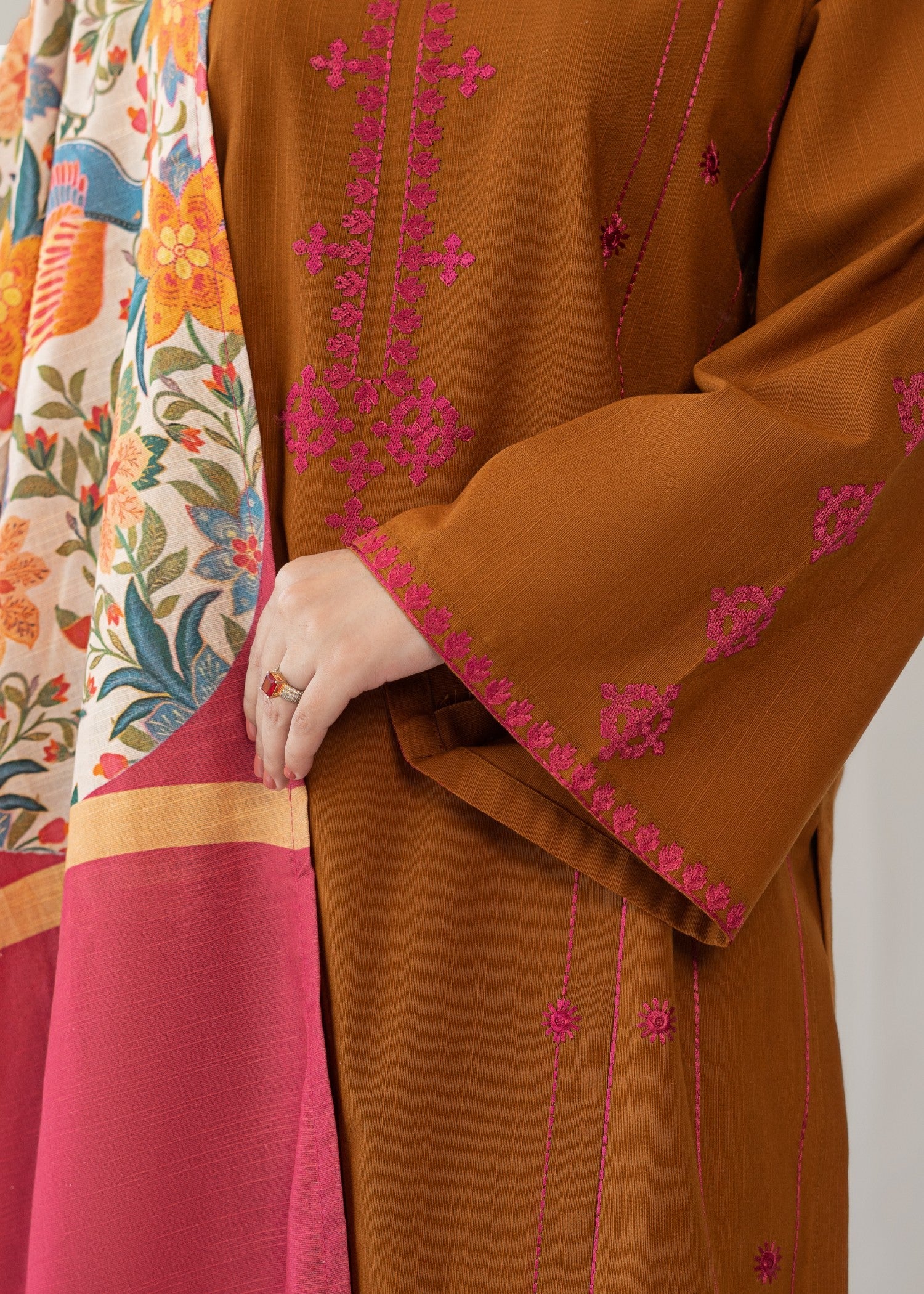 slub khaddar Kurta Set in Brown