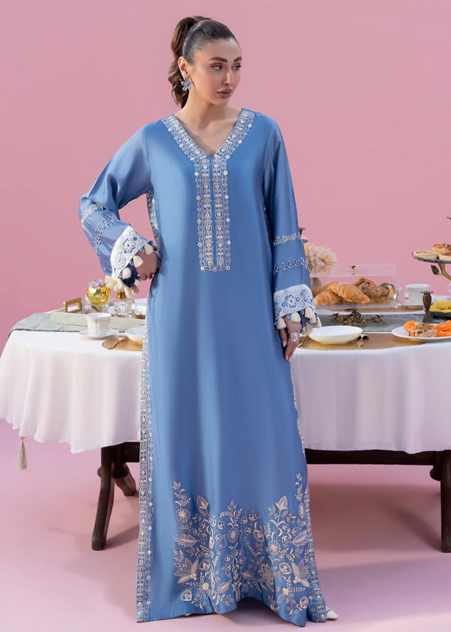 cotton silk Kaftan in Sky blue