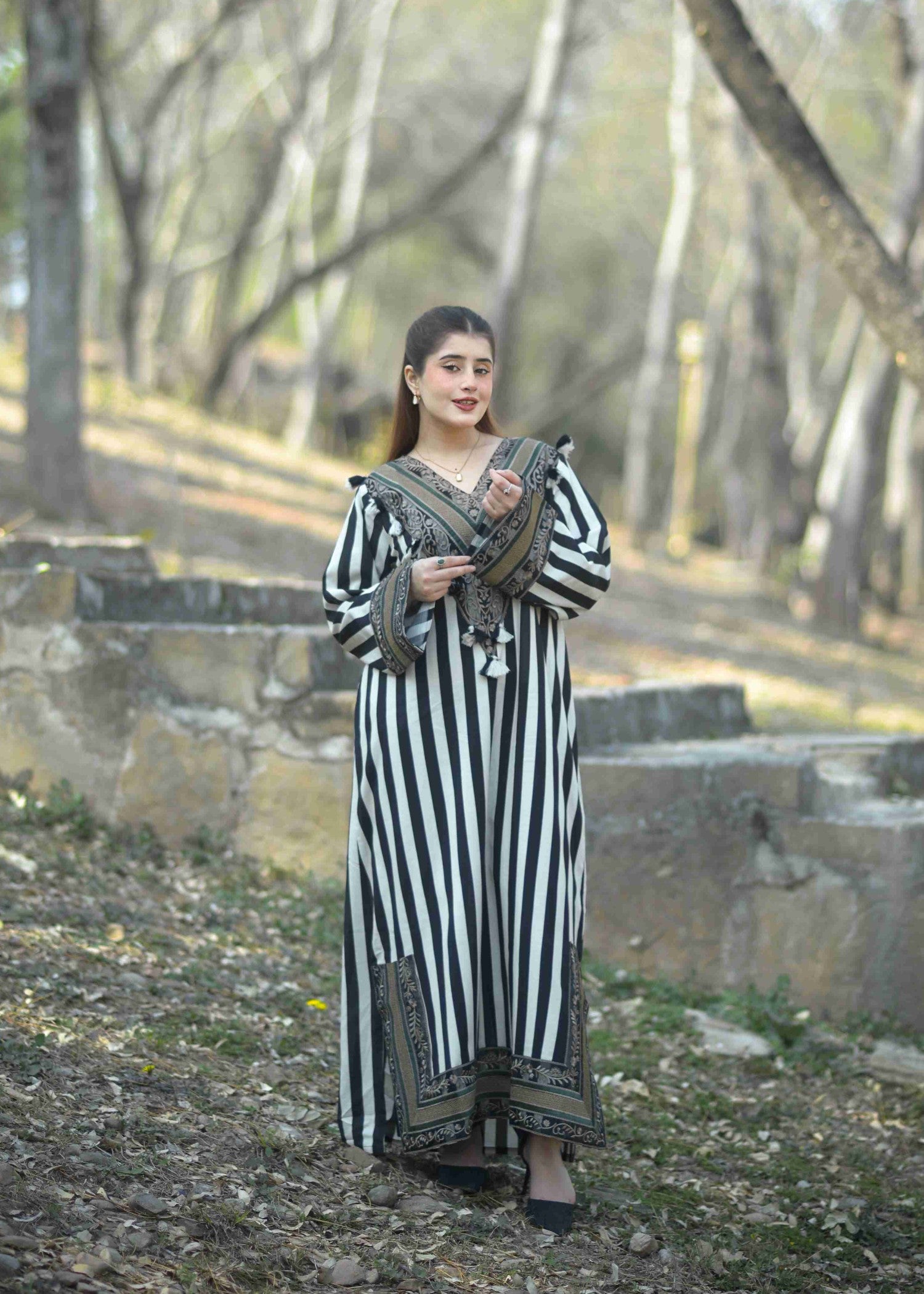 cotton Kaftan in White, black