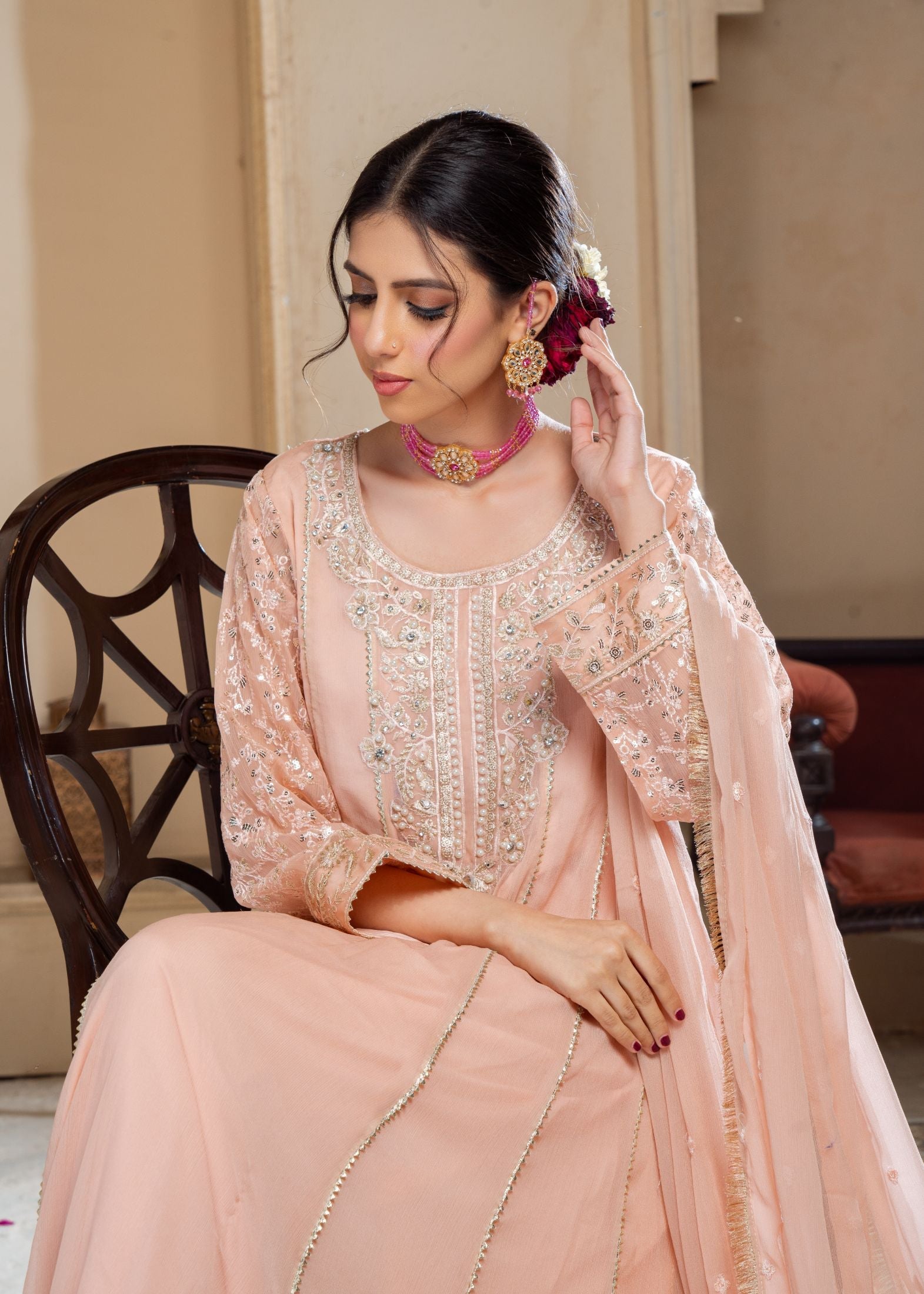 chiffon Anarkali in Peach pink