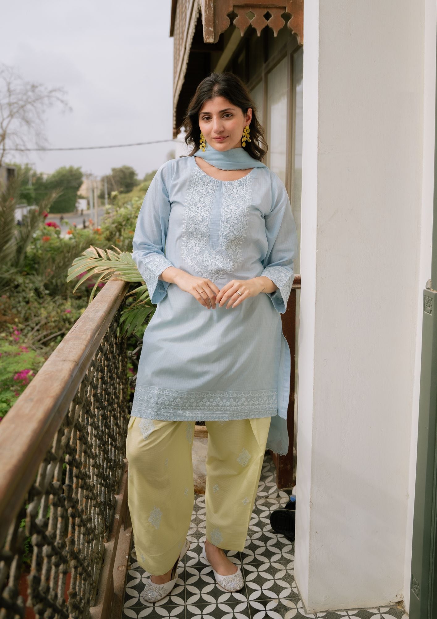lawn Kurta Set in Ice blue, lemon chiffon