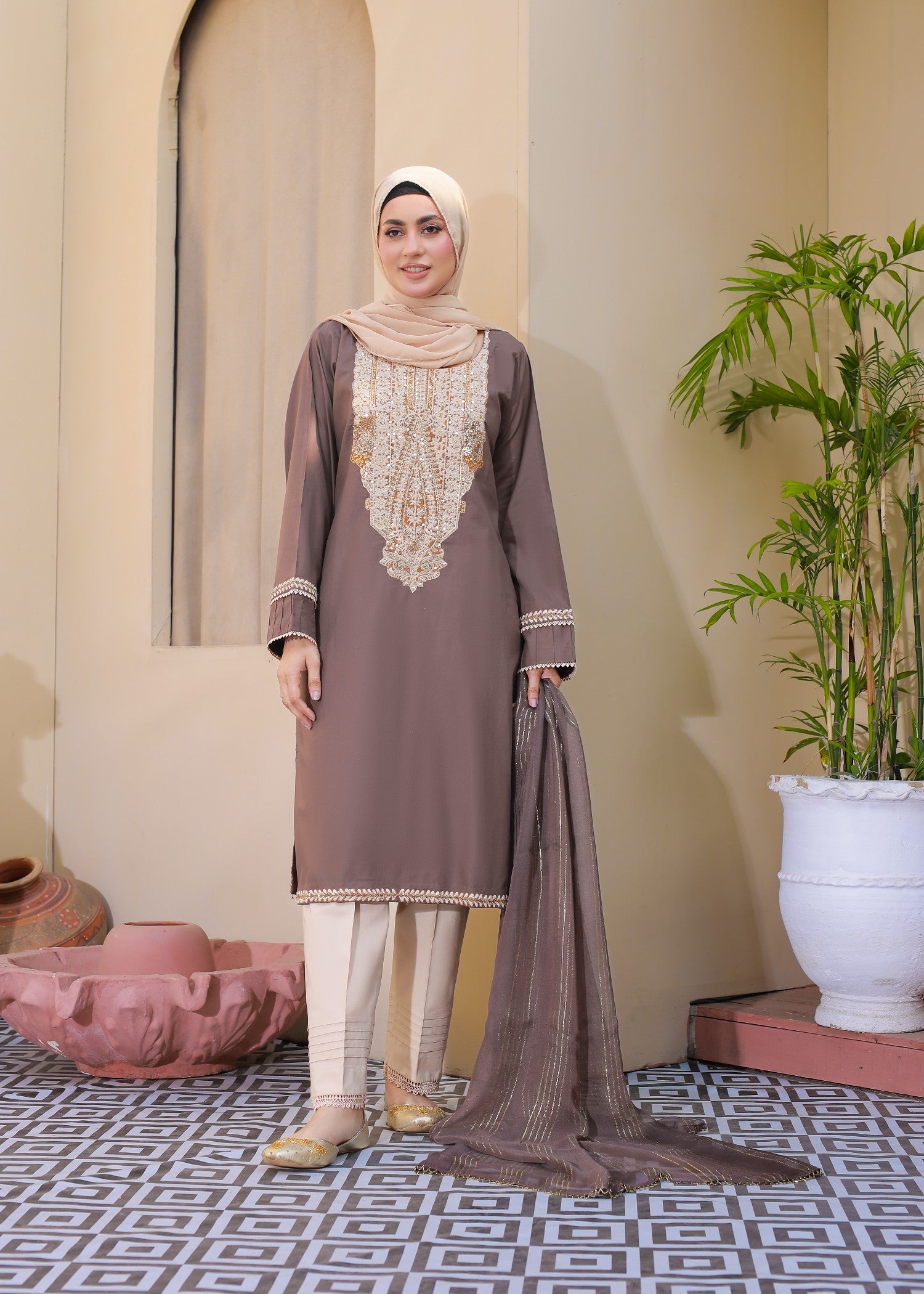 lawn cotton Kurta Set in Mocha brown