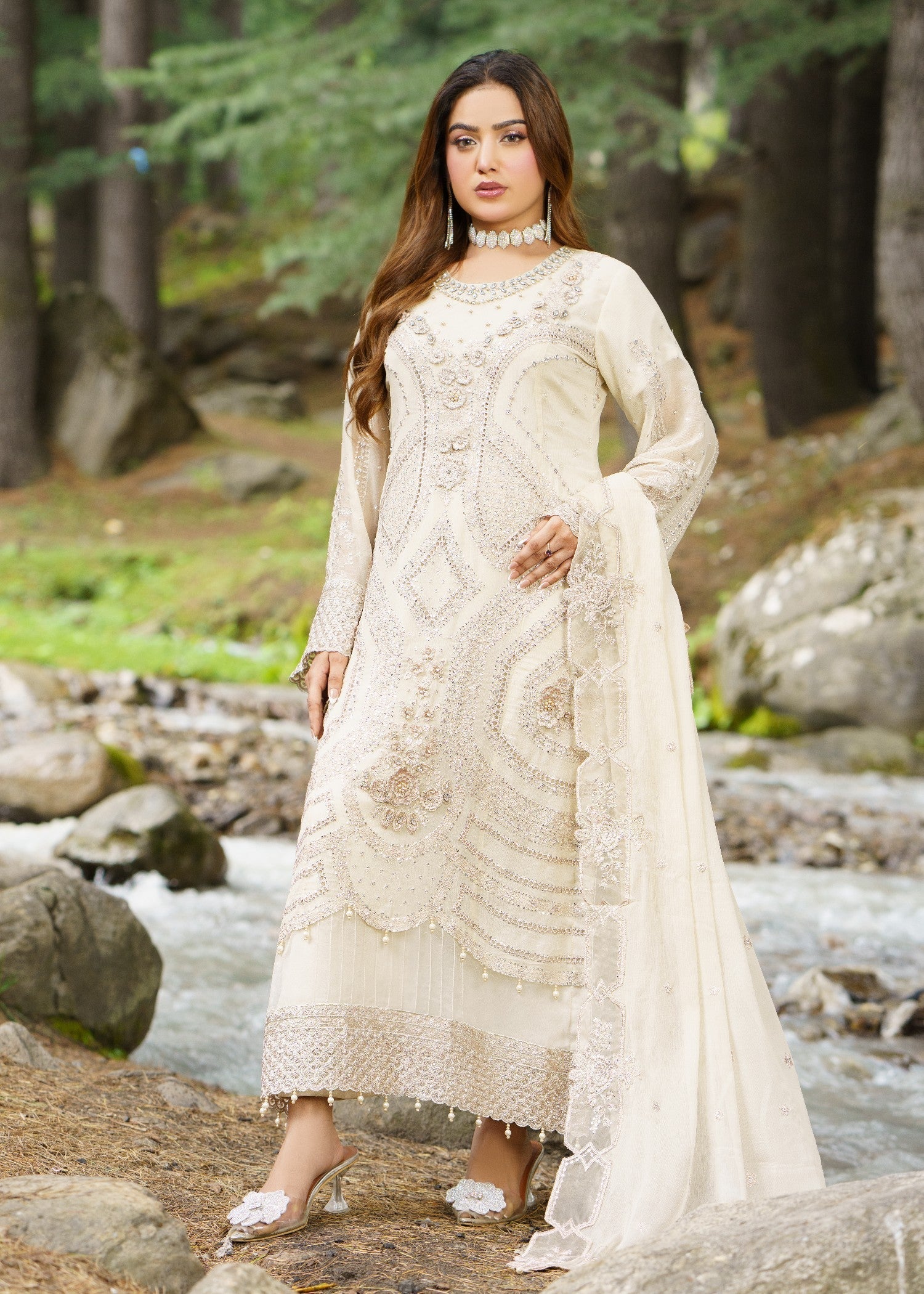chiffon Kurta Set in Eggshell