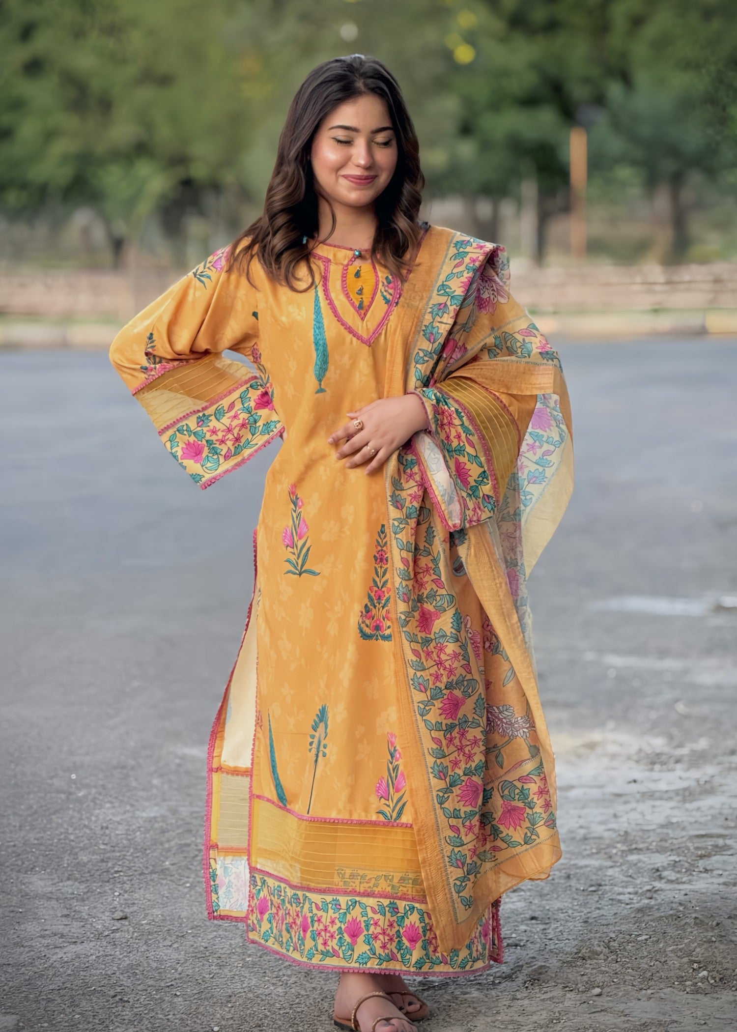 poly lawn Kurta Set in Multi, mellow yellow