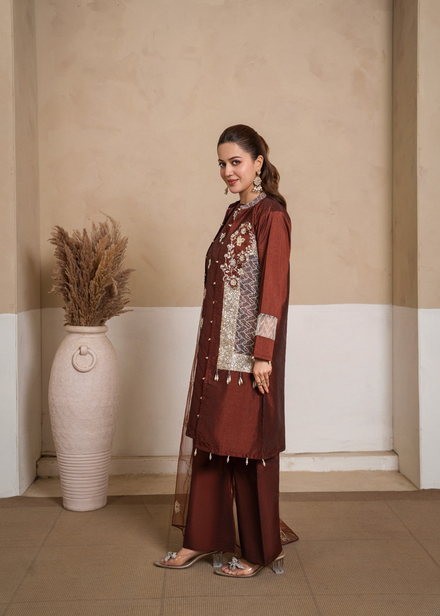 korean raw silk Gown in Brown