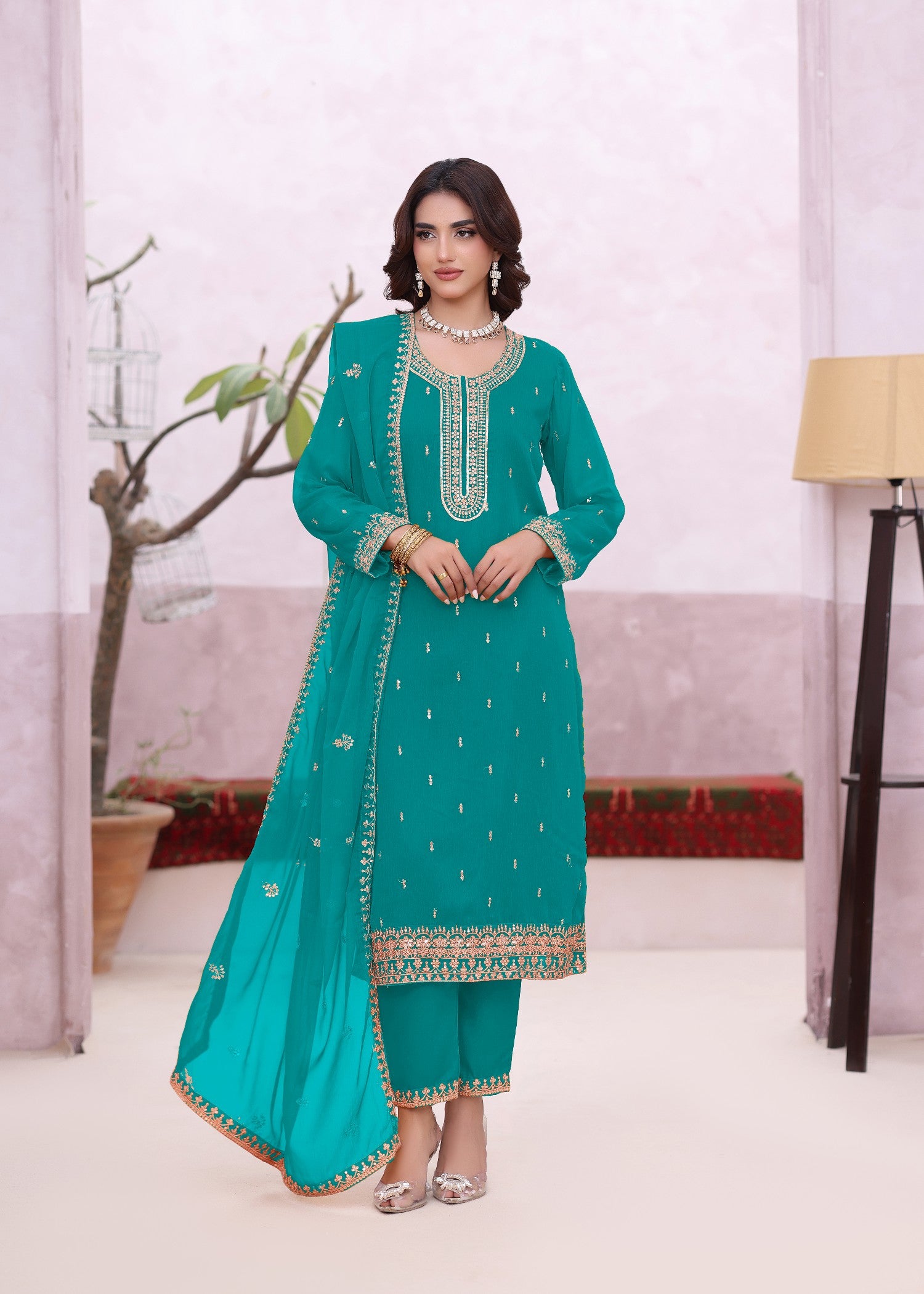 chiffon Kurta Set in Sea green