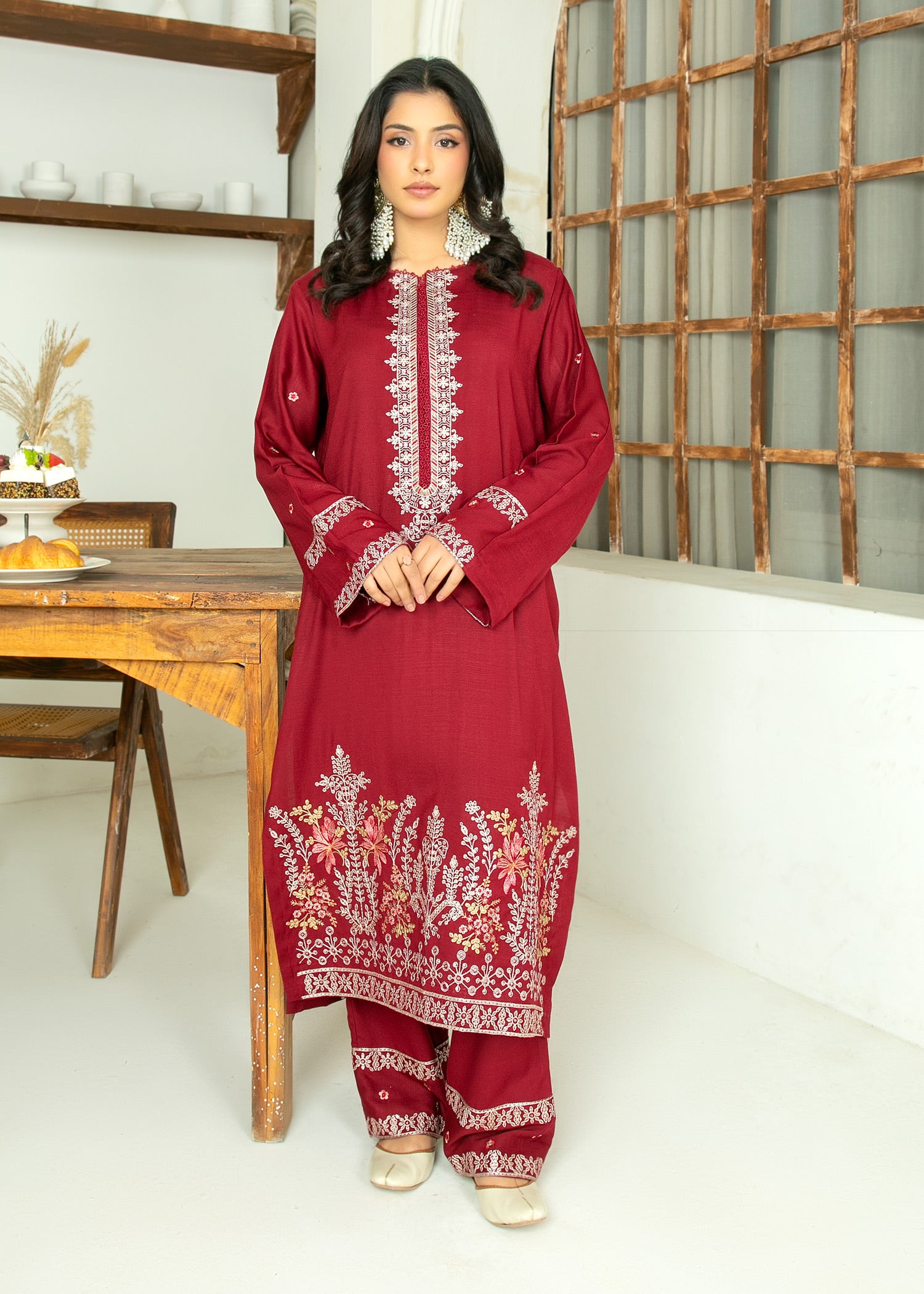 peach wool Kurta Set in Maroon
