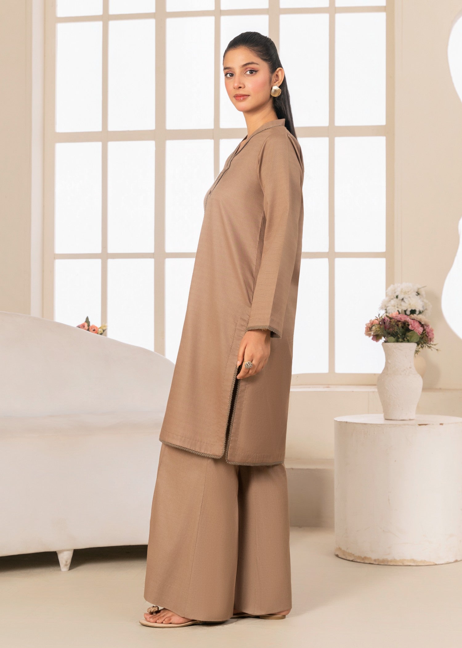 poly lawn Kurta Set in Almond brown
