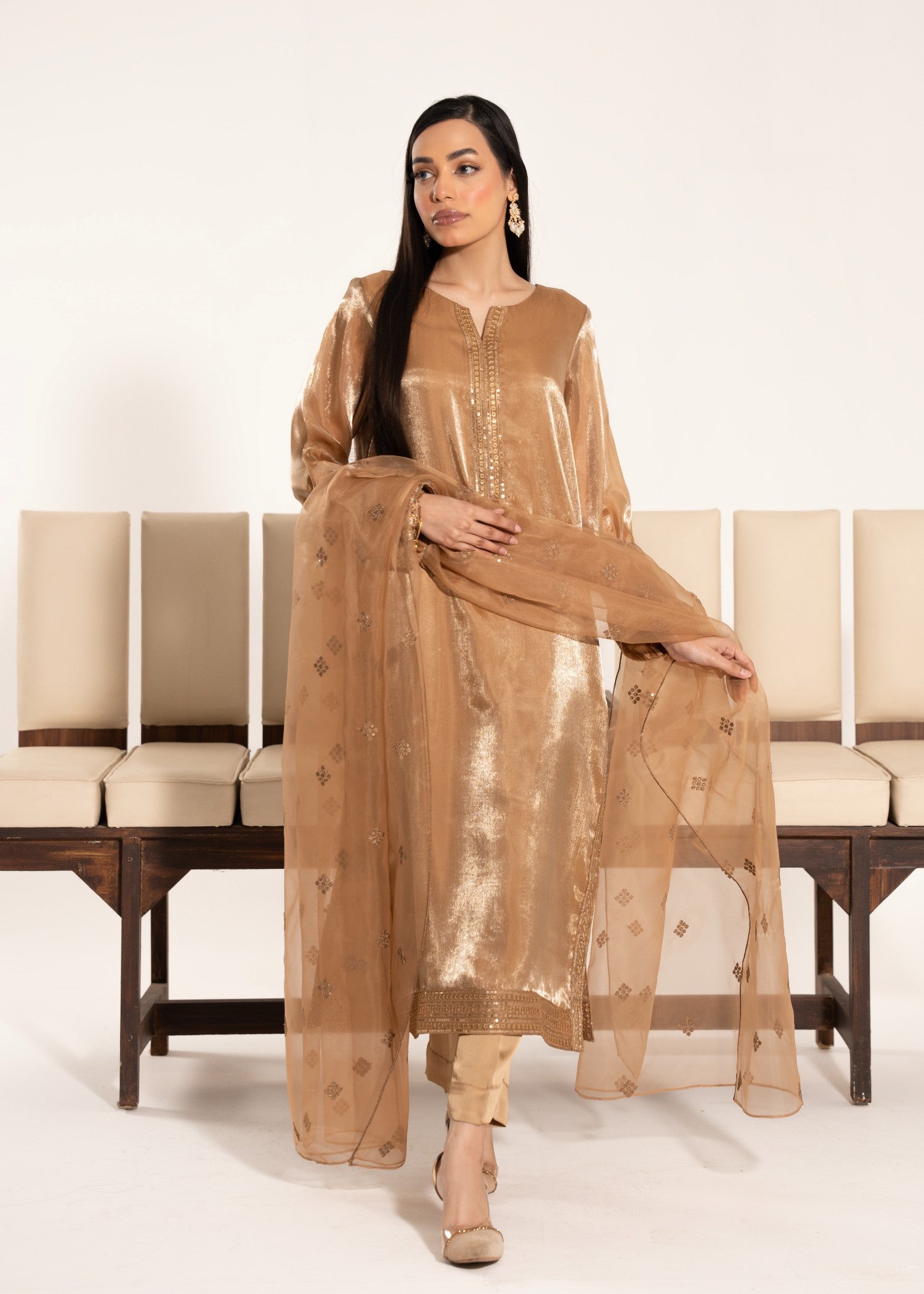 silk tissue Kurta Set in Gold