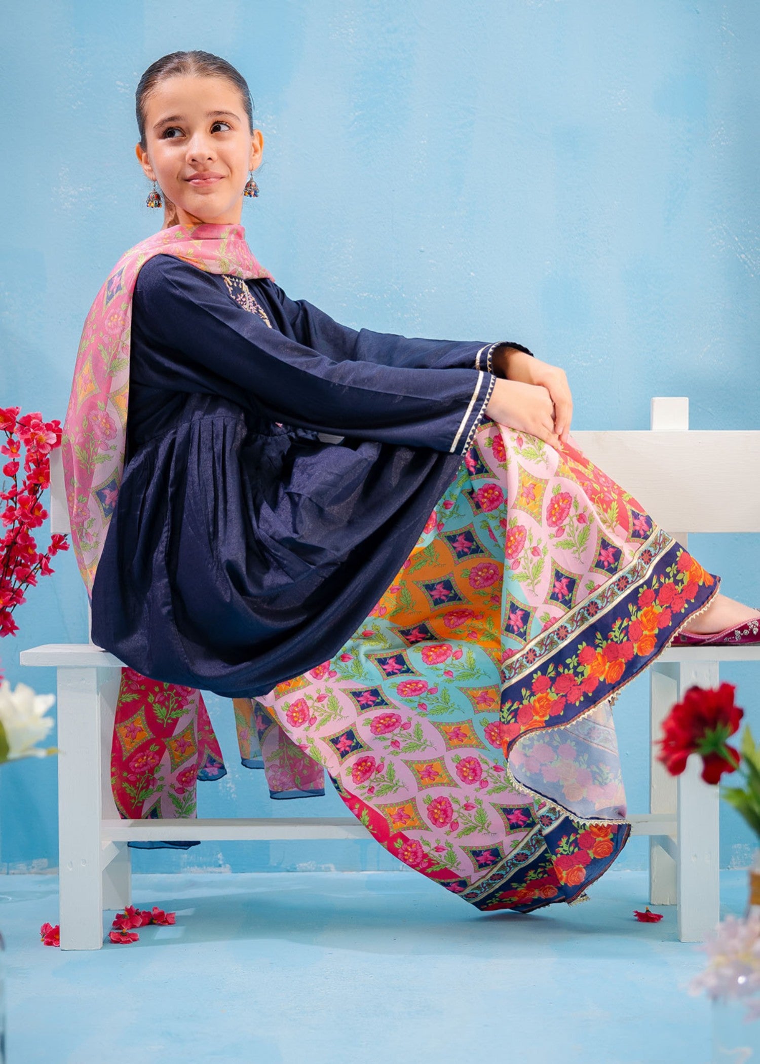 lawn Short Frock in Navy blue